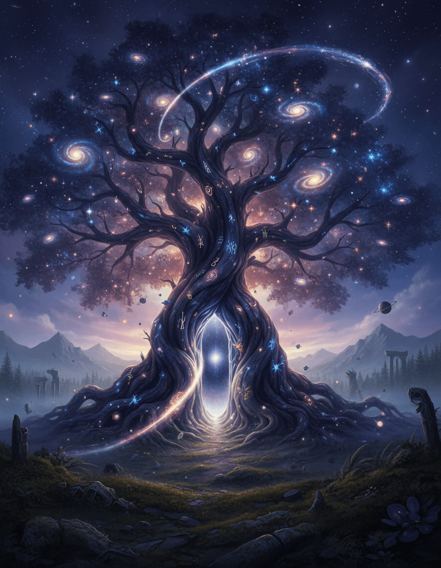 Create a hyper-realistic digital painting depicting an ancient cosmic tree portal for the cinematic double-exposure portrait poster seamless blend. This colossal, gnarled arboreal titan stands as a gateway, its deeply furrowed bark not of wood, but of swirling galaxies and glittering nebulae. The mighty trunk reveals an infinite cosmic void within its core, while its sprawling canopy transforms into an intricate tapestry of distant stars and ethereal gas clouds, merging the organic with the celestial. Details to include: Ancient runic symbols subtly etched into the cosmic bark, shimmering with starlight. Wisps of vibrant nebulae spiraling gracefully from the tree's uppermost branches like celestial tendrils. Faint, pulsating starlight emanating from deep within the trunk's cosmic portal, hinting at untold dimensions. Tiny, bioluminescent forest sprites and fireflies orbiting the tree, appearing as miniature planets. One colossal root transforms into a streaking meteor, leaving a radiant trail of stardust. The environment around this celestial anomaly is a desolate, mist-shrouded ancient forest floor, barely discernible through the cosmic glow. The ground is carpeted with luminescent moss and the fragmented remains of forgotten, lichen-covered stone ruins, imparting a profound sense of forgotten time and deep mystery. In the far distance, ethereal mountain peaks pierce a hazy twilight sky, their silhouettes softly reflecting the faint, otherworldly luminescence of the cosmic tree. Ethereal and mystical lighting permeates the scene, with a soft, pulsating cosmic glow emanating directly from the tree, casting dramatic, elongated shadows across the ancient forest floor. A captivating interplay of warm purples, deep indigos, and cool blues from the cosmic nebulae creates a dreamlike and profound luminescence. The overall lighting is intended to evoke intense wonder, profound awe, and a subtle hint of melancholic grandeur. The color palette is dominated by deep indigo, cosmic purples, stardust golds, shimmering blues, muted deep forest greens, mossy browns, and ethereal whites. The mood is profoundly awe-inspiring, ancient, magical, and infinitely mysterious. Style: Hyper-realistic digital painting, cosmic fantasy art, epic landscape, intricate detail, high resolution, mystical, ethereal, cinematic, visionary art. aisuperhub.io