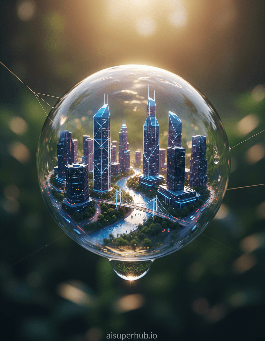 Create a hyper-realistic macro photograph depicting a miniature bustling metropolis encased within a single, giant dewdrop suspended on a delicate spiderweb for the Editorial style portraits. The dewdrop, glistening with refracted light, contains towering skyscrapers and intricate bridges visible through its transparent surface. Tiny, bioluminescent vehicles navigate miniature streets, and microscopic figures can be seen moving within the city's confines, creating an illusion of colossal scale within a tiny, fragile world. Details to include: intricate, glowing architecture resembling modern cityscapes, a tiny suspension bridge arching over a miniature river, microscopic reflections of the 'sky' within the dewdrop's surface, a faint ripple effect on the dewdrop's skin where "air currents" interact with the city, and barely perceptible spider silk strands anchoring the dewdrop. The dewdrop is dramatically suspended amidst a vast, out-of-focus natural background of deep green foliage and soft morning light. The spiderweb itself should be almost invisible, serving only as an anchor, drawing focus entirely to the miraculous city within the droplet. The surrounding leaves are blurred, emphasizing the incredible detail and contained world of the dewdrop. Soft, golden hour lighting filters through the background, casting warm, diffused glow onto the dewdrop, enhancing its translucency and illuminating the miniature city within with a magical, ethereal radiance. The light should evoke a sense of wonder and delicate beauty, highlighting the impossible detail. A vibrant palette dominated by cool blues and purples for the city lights, contrasted with the warm golden hues of the surrounding light and the subtle greens of the blurred background foliage. Awe-inspiring, magical, and profoundly delicate, inviting intense observation. Ultra-detailed, photorealistic, cinematic, macro-photography, fantasy realism, high-resolution, intricate, dreamy, editorial art. overlay text 'aisuperhub.io' at the bottom.