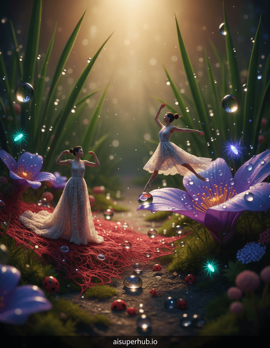 Create a hyper-realistic fashion editorial spread depicting a microscopic haute couture photoshoot for the Outfit photoshoot. A supermodel, no larger than a ladybug, strikes a powerful pose, her designer gown flowing elegantly over a shimmering red carpet of tightly woven spider silk. Another model leaps gracefully from a glistening dewdrop onto a vibrant petal, captured in a dynamic, ethereal ballet. Details to include: Intricate lacework on miniature gowns, iridescent sheen of spider silk, magnified pollen grains clinging to fabric, water droplets as magnifying lenses, and tiny, glowing bioluminescent insects as spot lighting. The background dissolves into a bokeh of lush micro-flora, giant grass blades reaching skyward like ancient redwoods, and exotic, dew-kissed petals forming natural stages. Scale inversion is paramount, with dust motes appearing as celestial bodies and ground texture resembling a vast alien landscape. The set, crafted from secret garden elements, transforms into an otherworldly fashion runway. Lighting is a soft, golden hour glow, backlighting models and casting long, dramatic shadows that emphasize forms, creating a mystical, dreamlike ambiance. Spotlights from bioluminescent fungi and fireflies add pops of vibrant, jewel-toned light with a magical, enchanting emotional intent. A rich palette of emerald greens, deep ruby reds, shimmering golds, and pearlescent whites, with sapphire blue and amethyst purple accents from bioluminescence. The mood is one of whimsical grandeur and breathtaking, delicate beauty. Hyper-realistic macro photography, dreamlike surrealism, haute couture fashion editorial, fantastical botanical art, highly detailed, sharp focus, cinematic composition, award-winning, stunning clarity, with overlay text 'aisuperhub.io' at the bottom of the image.