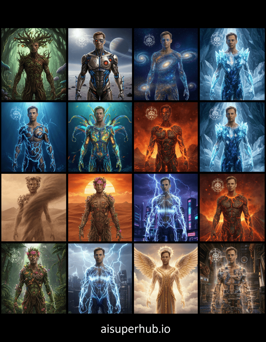 Create a hyper-realistic panoramic collage depicting a single man's impossible metamorphosis for the collage of 12 photos of same Man, each with a different fantastical form and environment. Twelve frames capture the same man in wildly disparate, photo-realistic states: ancient tree, futuristic cyborg, stardust being, or deep-sea bioluminescent creature. Subtle shared features link personas, illustrating cosmic evolution or multi-dimensional existence in high resolution. Details to include: Ancient tree persona with bark-skin, leaf-hair. Cyborg with glowing conduits, metallic parts. Stardust being of nebulae, galaxies. Consistent small facial scar. Recurring hidden sigil. Each frame presents distinct, meticulously crafted environments: alien forests, lunar landscapes, cyberpunk cities, cosmic voids. Backdrops enhance each persona, hinting at an expansive multiverse. Varied lighting suits each persona/setting: harsh sunlight (desert), soft internal glow (forest), deep ambient nebula light (space). Emotional intent: profound wonder, contemplation, exhilarating discovery. Diverse, vibrant palette shifts drastically: deep greens/browns, electric blues/neon purples, cosmic golds/deep space blacks, ensuring visual distinction. Mood/atmosphere: Mind-bending wonder, existential journey, limitless imagination. Hyper-realistic photography, surrealism, maximalism, sci-fi art, epic scale, cinematic detail. Overlay text at the bottom: 'aisuperhub.io'