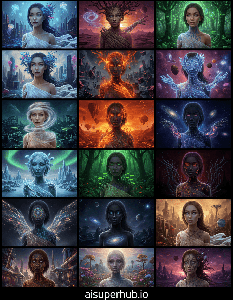 Create a hyper-realistic cinematic still depicting a woman experiencing 12 different stages of an evolving dreamscape for the collage of 12 photos of same woman each with a different surreal transformation. The central figure is subtly yet profoundly altered in each distinct panel. Her expression shifts from serene wonder to profound contemplation, with each frame capturing a unique interaction between her and the fantastical elements emerging. Each image acts as a portal, revealing a new layer of her subconscious unfolding in real-time. Details to include: delicate bioluminescent flora sprouting from her hair, eyes reflecting a cosmic nebula, skin texture subtly shifting to resemble ancient bark or crystalline structures, phantom limbs composed of swirling mist, garments transforming into flowing water or solidified starlight. The background of each panel transitions seamlessly yet distinctively. One frame might feature an underwater cityscape with glowing jellyfish, another a desolate lunar landscape under a binary sunset, followed by a gravity-defying forest of impossible geometric trees. The collage suggests a journey through a mind's infinite landscapes, where reality's boundaries are fluid. Dynamic and emotionally resonant lighting bathes each scene, ranging from soft, ethereal glows for introspection to stark, dramatic chiaroscuro for tension. Luminescent light sources are integrated into the environment, creating an otherworldly and dreamlike ambiance evoking wonder, mystery, and melancholy. A rich and varied color palette, moving from deep oceanic blues and phosphorescent greens to warm celestial purples and fiery sunset oranges, with occasional bursts of iridescent silver and gold. Each panel maintains its own distinct yet complementary palette. An ethereal, enigmatic, and profoundly introspective mood permeates the entire collage, inviting viewers into a world of boundless imagination. Surrealism, photorealism, cosmic horror subtly hinted, fantastical, dreamcore aesthetic, mixed media art with digital painting, highly detailed, octane render, volumetric lighting, epic compositional balance. overlay text at the bottom: 'aisuperhub.io'