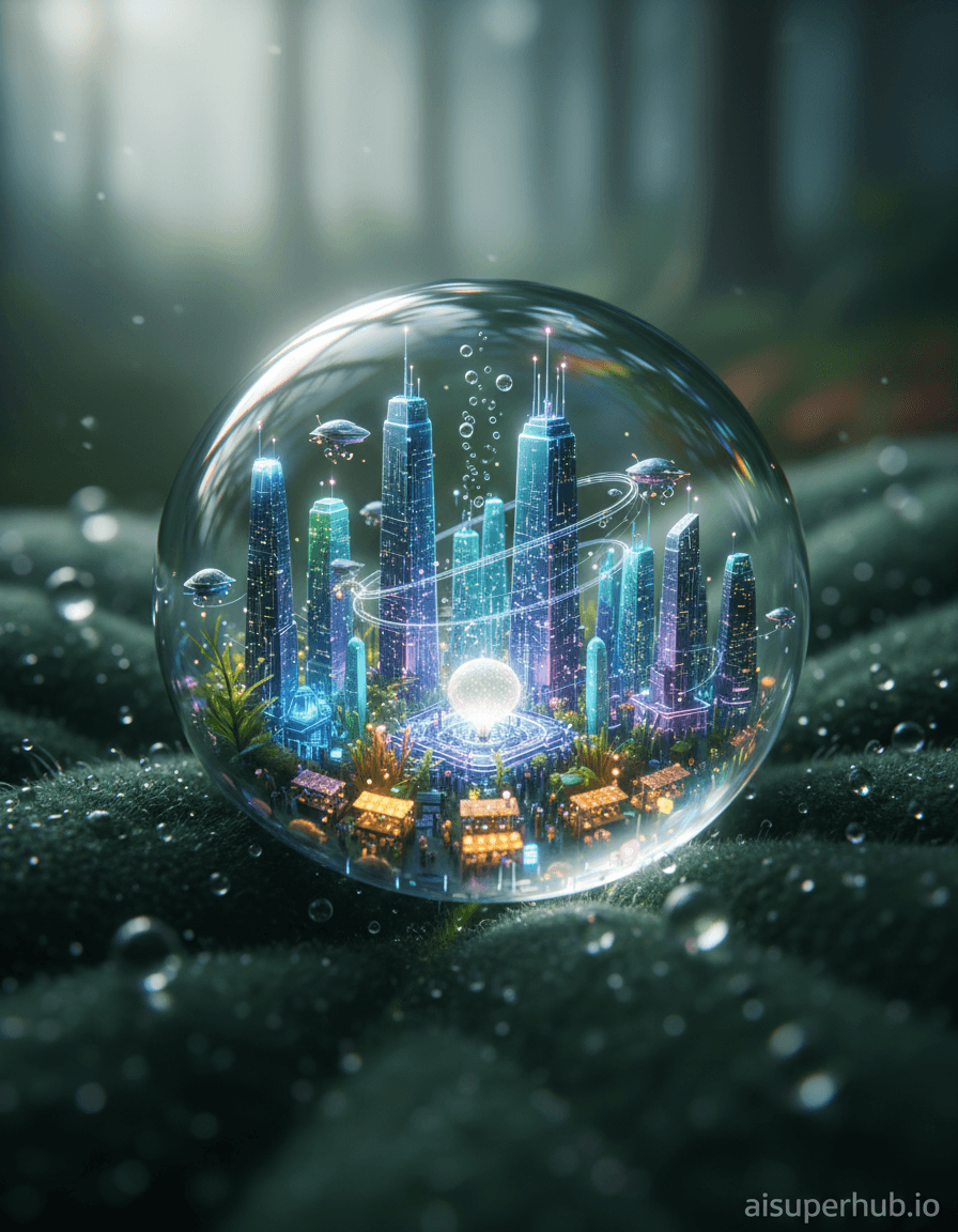 Create a hyper-realistic macro photograph depicting a bustling, bioluminescent futuristic city thriving within the confines of a single dewdrop on a vibrant green leaf for the 3D chibi-style miniature design of a whimsical dewdrop society. Inside the dewdrop, tiny, translucent, insect-like beings in advanced exosuits are seen meticulously constructing towering, crystalline skyscrapers that glow with soft internal light. Miniature airships, no larger than pollen grains, navigate intricate sky-lanes between the glowing structures, while bustling market stalls made of luminous fungi dot the 'ground floor' of the watery dome. A central, pulsating energy core, the size of a poppy seed, radiates soft light throughout the entire micro-city. Details to include: Intricate nano-circuitry patterns visible on the building surfaces; Tiny, iridescent bubbles rising gently towards the surface of the dewdrop; Microscopic flora (algae, moss) integrated into the city's infrastructure; Reflected light from the dewdrop's surface creating prism-like effects; Small, glowing data streams flowing between structures. The dewdrop rests precariously on the velvety surface of a large, emerald-green leaf, its edges slightly blurred by the macro focus. Fine water droplets cling to the leaf's microscopic hairs, acting as tiny satellites to the main dewdrop city. In the distant, out-of-focus background, hints of a misty forest floor are discernible, emphasizing the immense scale difference. The primary light source emanates from within the city itself – a soft, ethereal bioluminescence casting a serene and awe-inspiring glow. Subtle, dappled sunlight from an unseen source above filters through the dewdrop's curved surface, refracting and creating pockets of intense, rainbow-hued light, lending a sense of hopeful discovery. A vibrant palette of electric blues, glowing greens, soft purples, and pearlescent whites, contrasted with the deep emerald of the leaf and hints of earthy browns in the background. The mood is one of intricate wonder, peaceful ingenuity, and boundless miniature ambition. Ultra-detailed macro photography, sci-fi fantasy, studio lighting, hyperrealism, octane render, 8K, volumetric lighting, depth of field, tilt-shift lens effect, digital art, overlay text 'aisuperhub.io'.