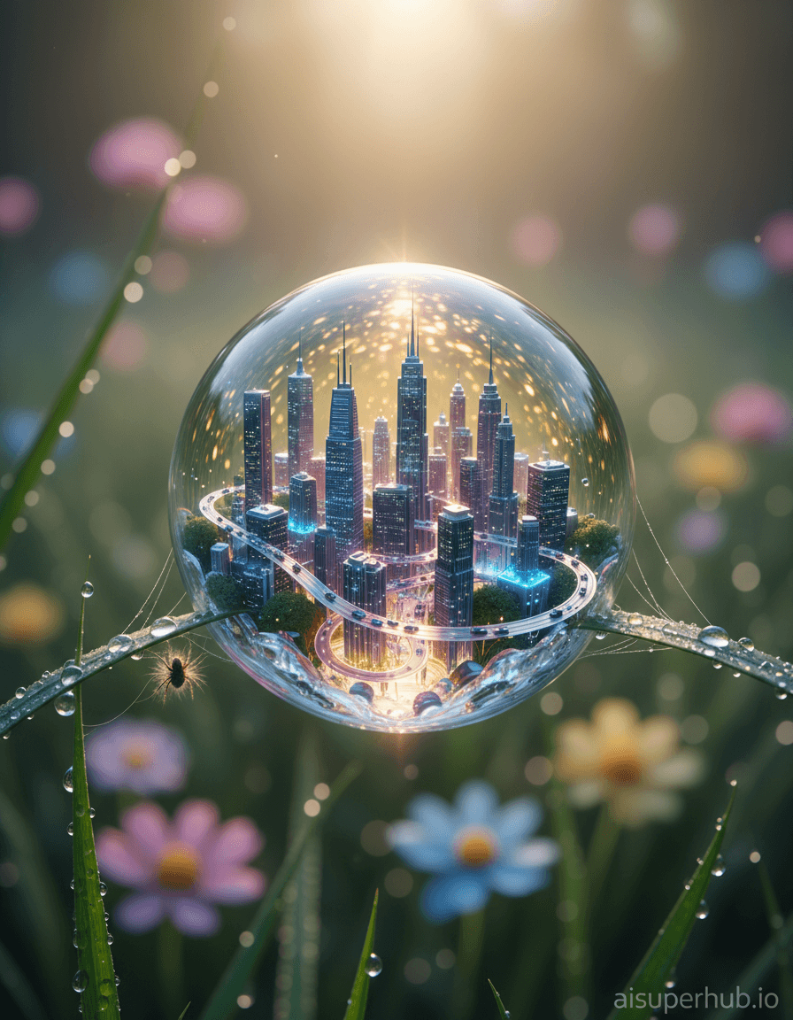 Create a hyper-realistic macro photograph depicting a microscopic, bustling metropolis encapsulated within a solidified dewdrop for the hyper-realistic isometric 3D render of a miniature. A vibrant, complete city with towering skyscrapers and busy streets is visible within a single, spherical dewdrop, delicately suspended on a silken spiderweb strand, an impossible miniature world. Details to include: Intricate, winding roads; tiny, luminescent car lights; faint internal glow from windows; pearlescent spiderweb fibers; a minuscule spider shadow. The dewdrop rests on an almost invisible spiderweb thread, stretched between two dewy grass blades. Background: a soft, out-of-focus bokeh of a serene morning garden, hinting at verdant foliage and distant, muted floral colors. Ethereal, soft morning light filters through the dewdrop, creating mesmerizing refractions. It illuminates the internal city with a magical, dreamlike glow, evoking wonder and delicate mystery, highlighting details. Cool blues, greens, purples define the dewdrop city, contrasted by warm yellows and oranges in refracted light. Background: muted greens, browns, subtle pastels from blurred flowers. A breathtaking sense of delicate wonder and impossible scale. Hyper-realistic macro photography, intricate detail, optical illusion, volumetric lighting, photorealistic rendering, ethereal, magical realism, microscopic architecture, 8k, ultra-sharp focus. Add 'aisuperhub.io' as a subtle overlay text.