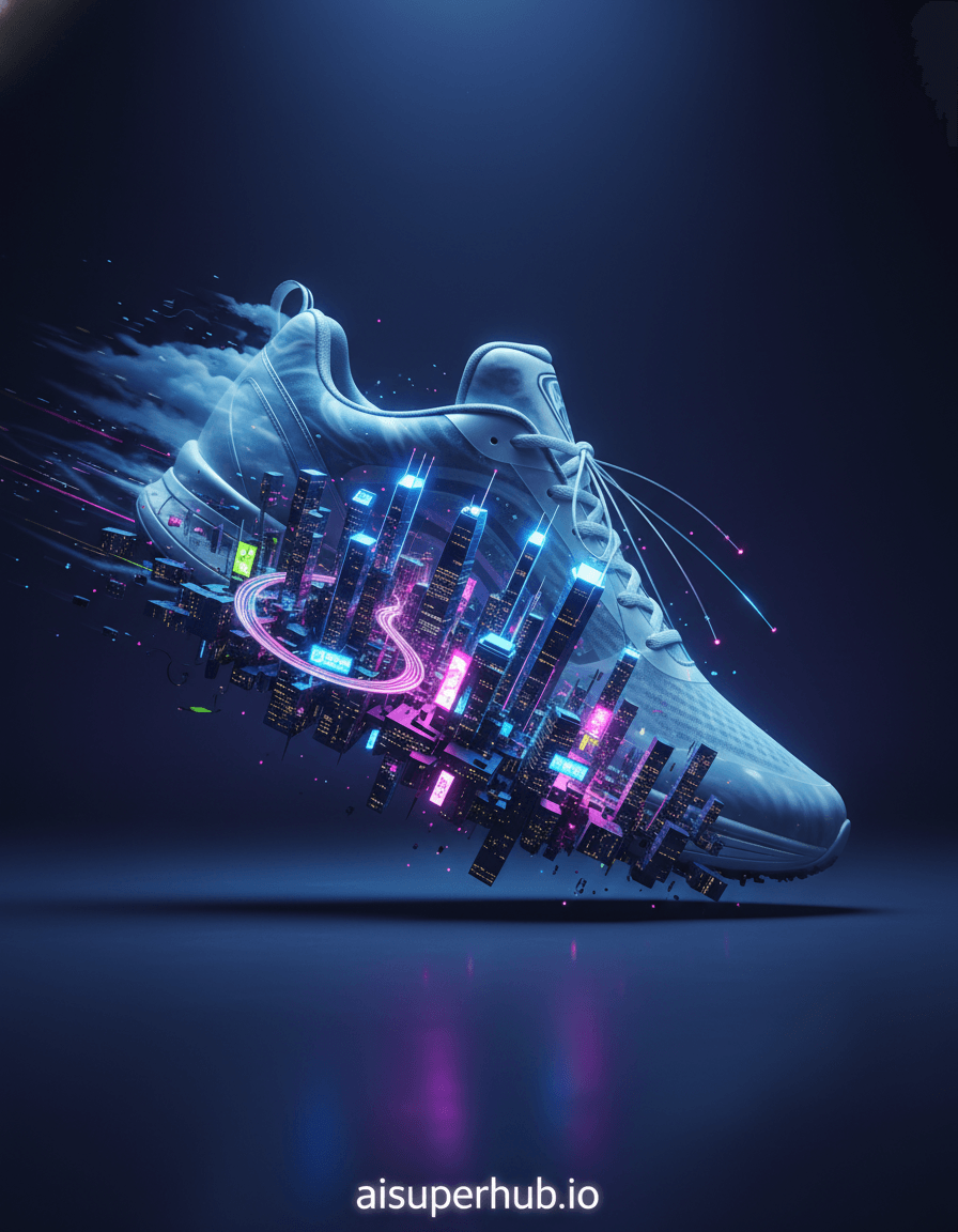 Create a hyper-realistic advertisement photography depicting a cutting-edge running shoe transforming into a dynamic, vibrant cityscape for the Product Ad Prompt. The sleek, aerodynamic running shoe is mid-stride, its sole erupting into a futuristic metropolis of towering skyscrapers and winding, illuminated roadways. Laces morph into delicate fiber optic cables, connecting architectural elements and suggesting unparalleled technology within the shoe. Details to include: Miniature glowing neon advertisements and high-speed vehicles navigating the sole's transformed highways. The shoe's fabric upper textured like a cloud layer over the city, radiating a faint energy aura. Overlay text 'aisuperhub.io' subtly integrated at the bottom. A minimalist, dark studio setting allows the glowing shoe-city to be the sole focal point. Deep blues and purples in the background subtly gradient, evoking an infinite night sky, emphasizing the shoe's futuristic and aspirational qualities. Dramatic, high-contrast studio lighting with strong backlighting silhouettes the shoe, emphasizing its glowing urban landscape. Light from the miniature city is cool electric blue and vibrant magenta, casting an energetic glow, creating an awe-inspiring, technologically advanced emotional intent. Predominantly dark blues and purples for background; electric blues, vibrant magentas, and neon greens for the shoe-city; metallic silver accents on the shoe's original structure. Exhilarating, futuristic, and aspirational, conveying speed and innovation. Photorealistic CGI, hyper-detailed rendering, sci-fi advertising aesthetic, dynamic motion blur, high-resolution digital art, impossible scale.
