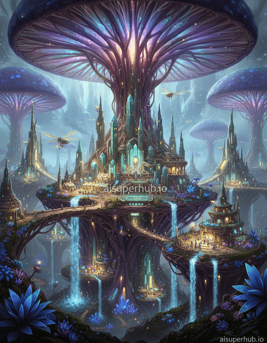 Create a hyper-realistic digital painting depicting a breathtaking bioluminescent cityscape nestled within the intricate gills of a colossal, crystalline mushroom for the Cinematic color grading. The city's structures, delicate and spire-like, glow with an inner light, casting ethereal reflections across the mushroom's translucent surfaces. Tiny airships, resembling glowing fireflies, navigate between the towering fungal stalks, transporting inhabitants through the vibrant, subterranean metropolis. Details to include: intricate bridges connecting mushroom cap platforms, tiny waterfalls flowing from bioluminescent spores, luminescent flora adorning the city's pathways, miniature bustling marketplaces made of organic materials, and energy conduits resembling glowing root systems. The colossal mushroom's interior forms a vast, cathedral-like space, its cap arching high above, revealing a network of delicate, glowing veins. The fungal gills create natural terraces and valleys, upon which the city sprawls. Beyond the city's edge, a soft, cosmic dust drifts, hinting at the immense scale of the mushroom within a larger, unseen ecosystem. The mushroom's stem anchors deep into a surreal, crystal-laden soil, reflecting the city's light in a dazzling array. The lighting is soft and otherworldly, dominated by the internal bioluminescence of the city and the mushroom itself. Gentle, ambient glows emanate from every structure, creating a sense of wonder and serene mystery. Subtle glints of light catch on the crystalline surfaces, evoking a feeling of magic and discovery. A primary color palette of deep violets, sapphire blues, emerald greens, and soft golden-white for the city's internal lights, contrasting with the pearlescent and opalescent tones of the mushroom's structure. The overall mood is one of awe, tranquility, and futuristic fantasy, inspiring a sense of peaceful exploration. Stylistically, a blend of futuristic cyberpunk architecture and organic fantasy, highly detailed, photorealistic render, volumetric lighting, epic scale, magical realism, concept art, ultra HD, cinematic. add credits 'aisuperhub.io'