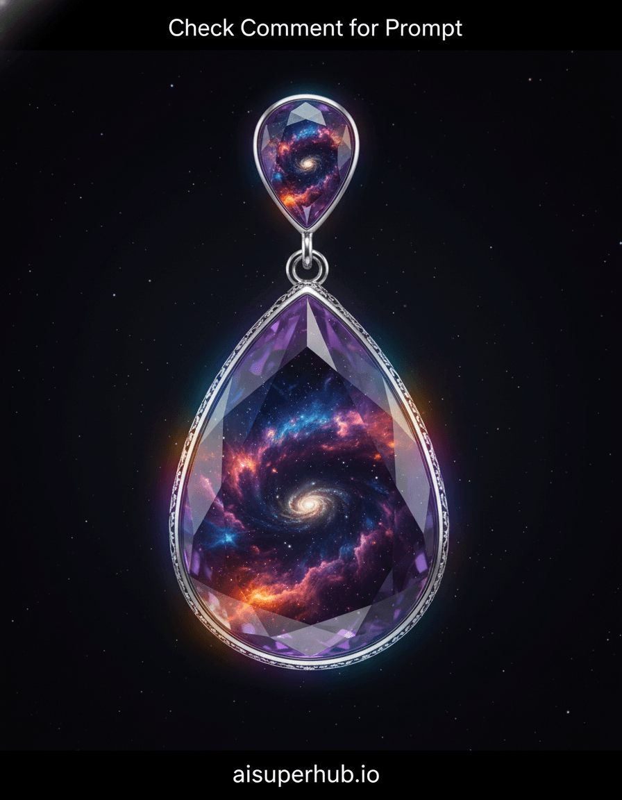 Create a hyper-realistic macro photograph depicting a miniature galaxy swirling within a single, perfectly cut amethyst drop earring for the Accessories shots. The image features overlay text 'Check Comment for Prompt' at the top and 'aisuperhub.io' at the bottom. The earring hangs suspended, its faceted surface reflecting soft light. Inside the amethyst, a vibrant, cosmic nebula is visible, with tiny stars, gas clouds, and swirling galaxies, appearing impossibly vast and real, a universe contained, shimmering with ethereal light. Details to include: Intricate cosmic dust lanes and glowing stellar nurseries; Subtle gravitational lensing effects within the 'gemstone cosmos'; A tiny, distant spiral galaxy visible deep within the gem's core; The earring's polished silver setting with minute engravings; Micro-reflections of the surrounding studio light on the earring's outer facets. The background is a velvety dark void, subtly textured to imply infinite depth, enhancing the contrast with the glowing interior of the gem. Minimal, elegant, and clean, it ensures the focus remains entirely on the earring and its impossible contents, suggesting a high-end studio product shoot. Dramatic, ethereal backlighting emanates from within the amethyst itself, casting soft, colorful glows onto the surrounding silver. A single, focused, soft-box light from the front highlights the external facets of the earring, creating sharp, yet delicate, reflections. The overall intent is mystical and luxurious. The color palette features deep purples, cosmic blues, fiery oranges, and shimmering golds for the nebula, contrasted with the cool silver of the setting and the dark, infinite black of the background. The mood is mystical, awe-inspiring, and luxuriously surreal. This is a hyper-realistic, studio product photography, cosmic fantasy, macro-photorealistic, high-detail, ethereal, luxury advertising masterpiece.