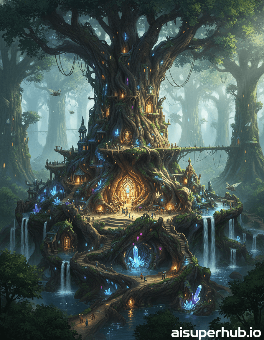 Create a hyper-realistic digital painting depicting a bustling, fantastical city meticulously carved and grown within the colossal, ancient trunk of a towering, mystical tree for the Cinematic color grading. The city sprawls across multiple levels, interconnected by twisting root-bridges and glowing fungal pathways, with tiny inhabitants engaged in daily life. Elaborate tree-houses and dwellings are seamlessly integrated into the bark and hollows, illuminated by an ethereal glow emanating from within the tree's core. Details to include: Miniature airships navigating through the canopy, waterfalls cascading from high branches into luminous pools at the city's base, bioluminescent flora illuminating pathways, tiny blacksmiths working at root-forges, a central grand plaza carved into a massive root system. The colossal tree itself dominates the frame, its bark weathered and gnarled with centuries of growth, hinting at ancient power. Surrounding it, a dense, verdant forest stretches into a misty distance, with other giant, moss-covered trees forming a majestic, natural cathedral. Sunlight filters through the highest leaves, creating a dappled, dreamlike atmosphere. Soft, ethereal internal lighting emanates from glowing crystals and fungi within the city, casting warm, golden hues that contrast with the cool, dappled moonlight filtering from the canopy above. The lighting should evoke a sense of wonder, ancient magic, and cozy enchantment. A rich palette of deep emerald greens, earthy browns, vibrant mossy textures, with accents of glowing blues, purples, and warm amber from the internal lights. Hints of silver and gold for details. The mood is one of awe-inspiring fantasy, peaceful serenity, and hidden vibrant life. Fantasy art, highly detailed, photorealistic, intricate, epic scale, magical realism, concept art, ultra-HD, cinematic. Overlay text at the bottom: 'aisuperhub.io'