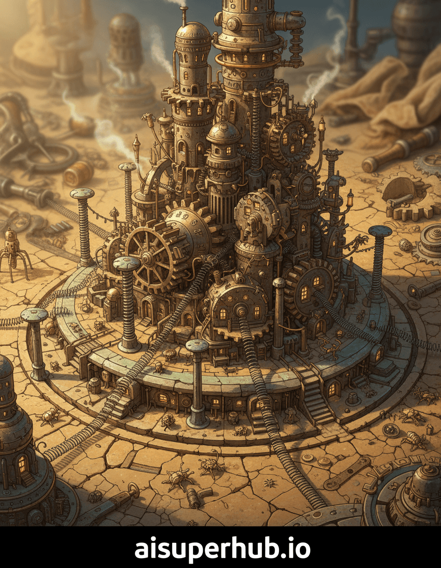 Create a hyper-realistic macro photograph depicting a tiny, intricate clockwork mechanism that is actually a colossal desert city for the highly detailed, hand-drawn, technical-style illustration. Brass gears and steel springs form towering skyscrapers and winding streets on sand-dusted plazas. Meticulously crafted automata navigate spring-roads, living precise clockwork lives. Details to include: Miniature cog-dwellings with glowing windows; minuscule steam vents; etched cultural symbols on gear-buildings; tiny rope bridges; individual screws as monumental statues. City rests on cracked ceramic desert floor, resembling ancient, abandoned workbench. Blurred tools, dusty fabric create immense scale, world exists within forgotten workshop under soft, diffuse light. Soft, warm golden hour light from top-left, creating dramatic shadows, highlighting metallic sheen. Mood: quiet wonder, intricate solitude, emphasizing delicate complexity. Warm brass, polished copper, dull steel, ivory ceramic; subtle emerald green from patinated elements, soft blue shadows. Mesmerizing fusion of mechanical precision and desolate beauty, evoking awe and fragile existence. Steampunk art, miniature photography, technical illustration, digital painting, photorealistic, Andrew Wyeth, H.R. Giger, with an overlay text at the bottom 'aisuperhub.io'.