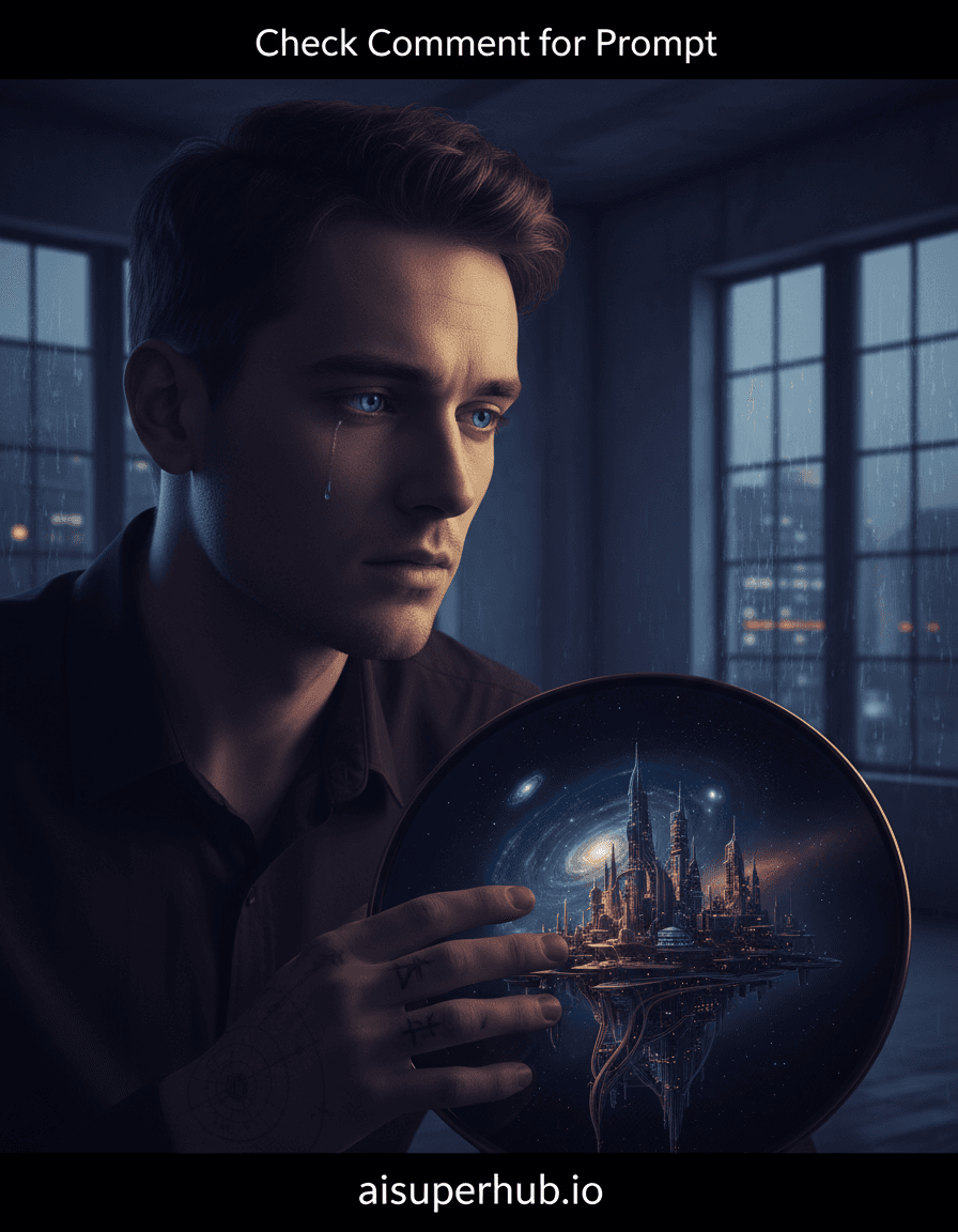 Create a hyper-realistic cinematic portrait depicting a man with a mind-bending, surreal reflection for the Creative portraits men. An introspective male subject, mid-20s, gaze slightly averted, lost in thought. His handsome features show subtle weariness, contemplating a reflective surface. Details: An almost imperceptible tear on his cheek. His reflection, in a polished dark surface, reveals a swirling miniature galaxy or bustling cityscape. Subtle star chart tattoos adorn his visible hand. A faint ethereal glow emanates from his eyes. Overlay text: 'Check Comment for Prompt' (top) and 'aisuperhub.io' (bottom). Background: dimly lit, minimalist urban apartment, exposed concrete, large industrial windows. Rain streaks diffuse light, suggesting solitude. Dramatic chiaroscuro lighting uses soft ambient blues/purples, contrasted by warm spotlight on his face/reflection, evoking mystery and melancholic beauty. Cool tones: deep blues, charcoal grays, muted purples, with warm amber/gold accents. A deeply contemplative, melancholic, awe-inspiring, surreal atmosphere. Blends cinematic realism, surrealism, dark academia; reminiscent of Beksiński meets hyper-realistic portraiture, with photographic precision.