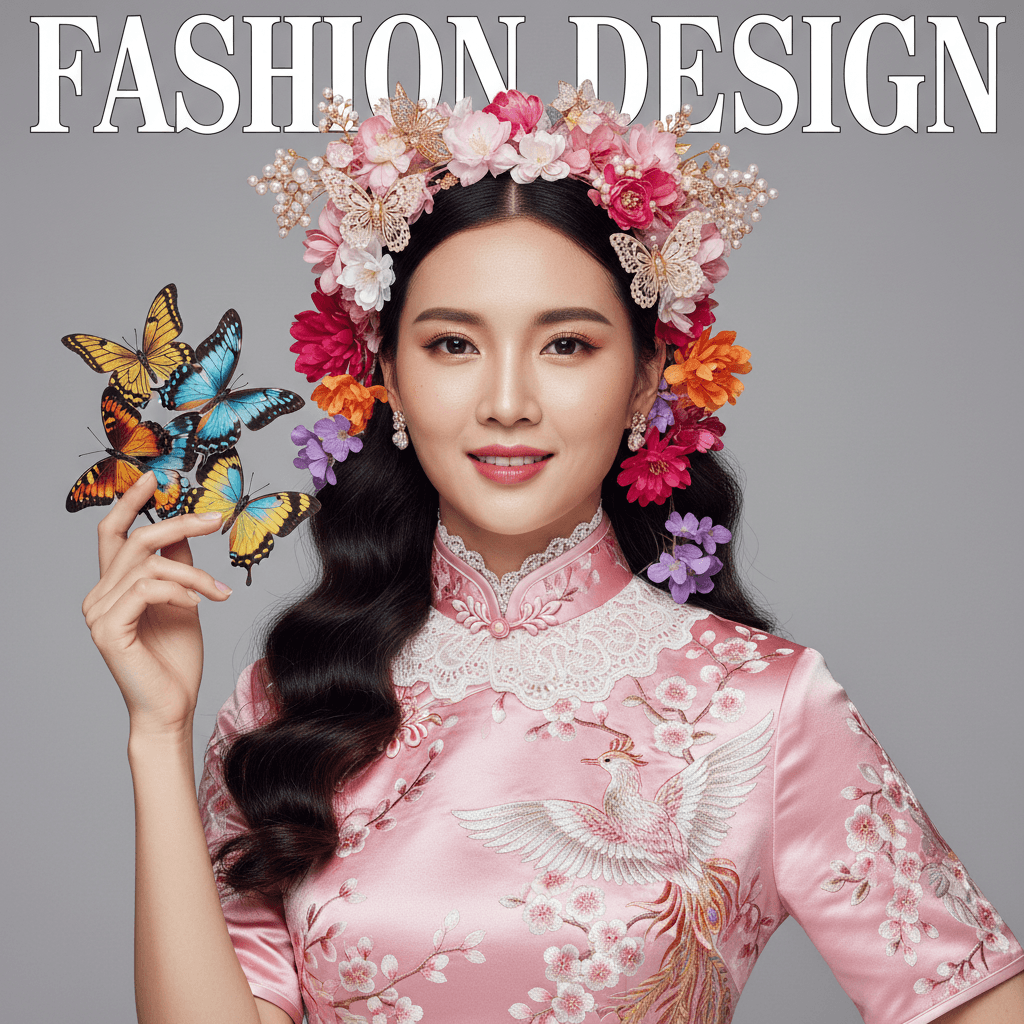 A beautiful woman wearing a pink qipao, adorned with delicate floral accessories on her head and colorful blossoms woven into her hair. Around her neck is an elegant white lace collar. One of her hands gently holds several large butterflies. The overall photography style features high-definition detail and texture, resembling a fashion magazine cover. The word “FASHION DESIGN” is placed at the top center of the image. The background is a minimalist light gray, designed to highlight the subject.
