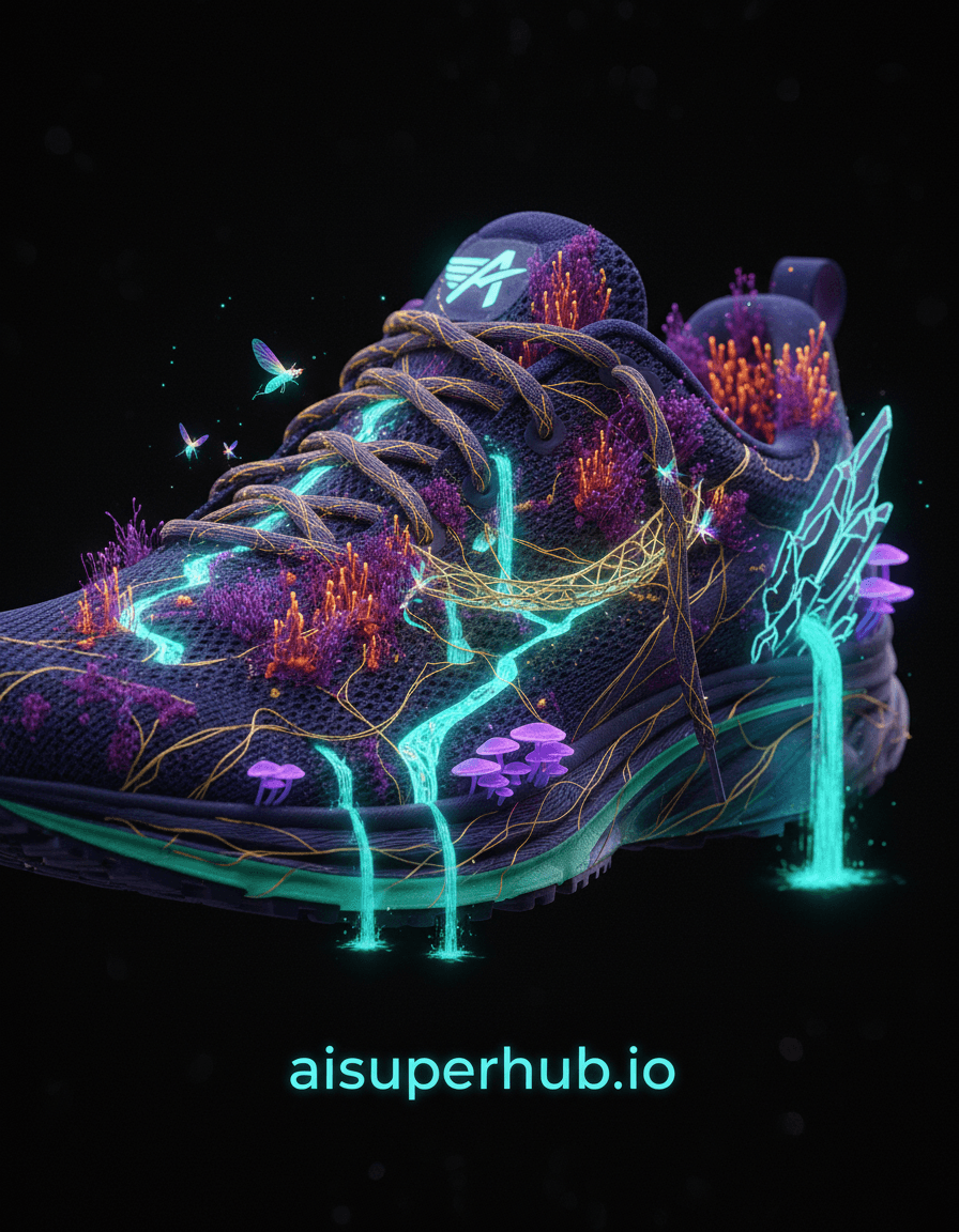 Create a hyper-realistic macro photograph depicting a high-performance running sneaker transforming into a living, miniature bioluminescent canyon ecosystem for the Product Ad Prompt. The iconic sole patterns and breathable mesh of the sneaker seamlessly morph into intricate rock formations, winding riverbeds, and lush, alien flora. Tiny, illuminated pathways resembling veins of light crisscross the terrain, showing microscopic life teeming within the shoe's structure. The laces become vine-like bridges spanning chasms, inviting exploration into this impossible world.Details to include:Miniature glowing waterfalls cascading down the shoe's sides.Tiny, intricately detailed bioluminescent fungi growing along the shoe's stitching.Microscopic, iridescent insects flitting around the glowing elements, leaving subtle light trails.The sneaker's brand logo subtly integrated as a natural rock formation or unique plant structure.An overlay text at the bottom, centered: 'aisuperhub.io'.The entire scene is set against an infinite, velvety black void, emphasizing the contained, self-sustaining world of the sneaker. The background should be completely out of focus, a deep bokeh blur that highlights the intricate details of the miniature landscape within the shoe, creating an illusion of vastness within a confined space, drawing the viewer's eye solely to the incredible transformation.Dramatic, ethereal backlighting combined with soft, internal bioluminescent glows emanating from the ecosystem within the sneaker. The lighting should evoke a sense of wonder and discovery, highlighting textures and depths with a magical, otherworldly quality, making every detail pop with luminous energy.A vibrant palette dominated by electric blues, neon greens, deep purples, and touches of glowing orange and pink, strikingly contrasting with the dark, muted tones of the sneaker's original material.Mystical, awe-inspiring, and profoundly intricate.Photorealistic macro photography, high detail, scientific illustration, fantasy art, volumetric lighting, surrealism.