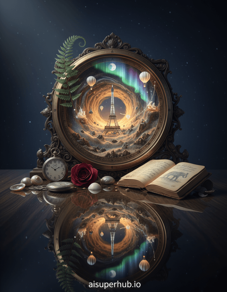 Create a hyper-realistic anamorphic photographic illusion depicting a fantastical journey through 'Travel memories'. The central image features a colossal, ancient compass whose metallic face is a swirling vortex of shimmering sand, each grain a tiny, distinct memory from countless voyages. From its intricately carved cardinal points, miniature, translucent ghost ships and hot air balloons, glowing faintly, embark and return, navigating currents of forgotten laughter and distant echoes. A lone, antique leather-bound journal lies open on one edge of the compass, its pages filled with illegible script and faded watercolor sketches that subtly shift and animate. Details to include: A tiny, luminous replica of the Eiffel Tower emerging from the sandy vortex. A delicate, shimmering aurora borealis effect within the compass's "north" point. The faint, ethereal outline of a majestic elephant silhouette crossing a desert landscape depicted within one of the journal's pages. A single, dew-kissed fern frond gracefully curving over the compass, acting as a foreground element. An overlay text at the bottom: 'aisuperhub.io'. The entire scene is set upon a vast, dark oak library table, polished to a mirror sheen, reflecting the ethereal glow of the compass. Surrounding the compass are scattered artifacts: a tarnished silver pocket watch frozen at an impossible time, a handful of iridescent seashells, and a single, petrified rose, its petals retaining their vibrant crimson hue. The background beyond the table is a deep, velvety indigo void, suggesting infinite space and untold stories, with faint star-like motes slowly drifting. The lighting is a soft, warm, internal luminescence emanating from the compass and the spectral vessels, creating a dreamy and nostalgic ambiance. A gentle, diffused moonlight streams in from an unseen window, casting long, tender shadows that enhance the magical realism and evoke a feeling of poignant wonder and quiet reflection. A rich palette of deep indigos and twilight blues, complemented by warm golden yellows, soft rose golds, and antique bronze tones. Accents of pearlescent white and iridescent greens in the ethereal elements. A deeply nostalgic and enchanting mood, evoking a sense of wonder, yearning for the past, and the quiet magic of cherished memories. Hyper-realistic, magical realism, anamorphic illusion, trompe l'oeil, mixed media, fantastical, dreamlike, cinematic, intricate detail, studio photography, overlay text at the bottom: 'aisuperhub.io'.