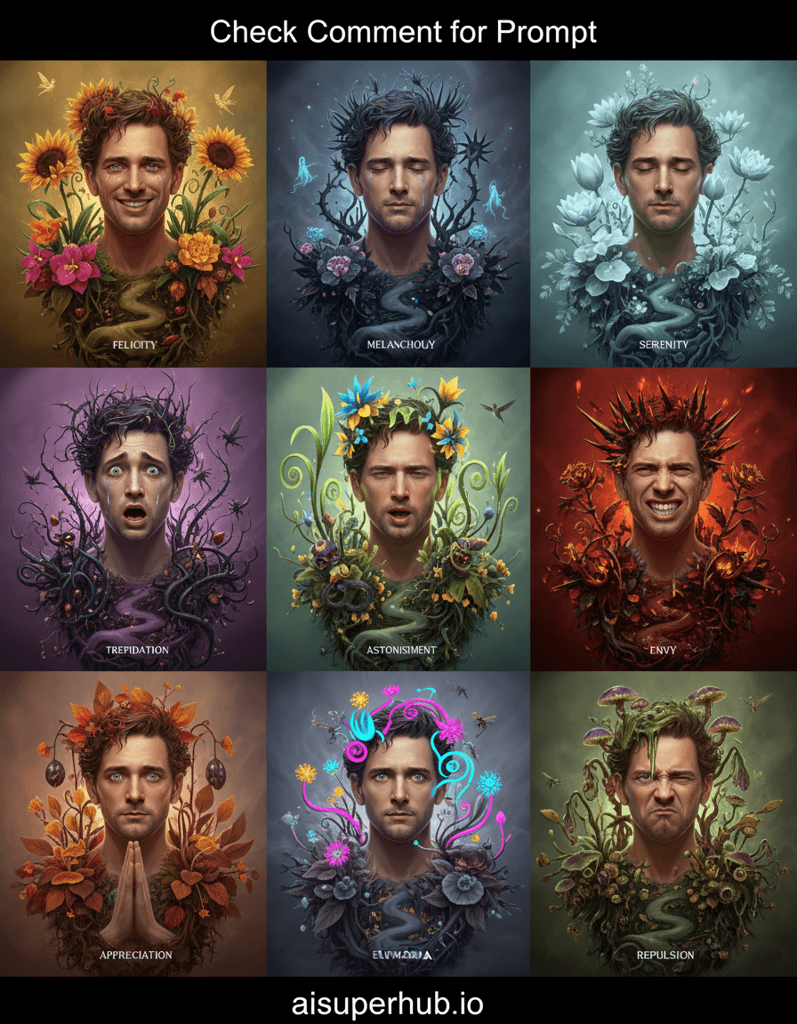 Create a hyper-realistic digital painting depicting a man whose emotional states are exquisitely depicted as a series of twelve unique, fantastical botanical gardens for the collage of 12 photos of same Man, each with a different emotional garden emanating from him. In each image, the man is centrally positioned, his subtle expression aligning with the vibrant flora bursting from him, symbolizing a distinct emotion like joy, sorrow, or peace. Details to include: Intricate root systems as pathways; bioluminescent flora glowing; dewdrops reflecting distorted faces; tiny, ethereal creatures specific to each emotion; and subtle textual cues integrated into foliage. Each photo features a minimalist, ethereal background
asoft, gradient mist or out-of-focus celestial void
its hue complementing the garden's palette. This ensures focus on the man and his emotional garden, fostering introspection. Lighting is a sophisticated interplay of diffused overhead and internal garden glow. Joyous gardens gleam with golden hour light; melancholic ones with cool, moonlit luminescence and deep shadows. The light evokes mystical revelation and deep emotional resonance. The dynamic color palette shifts across the collage: vibrant fuchsia, emerald, gold for positive emotions; deep indigo, charcoal, lavender for introspection. Earthy tones anchor botanicals, contrasted by jewel tones. The mood is a profound, introspective, and awe-inspiring exploration of human emotions. Style: hyper-realistic, surrealism, botanical illustration, fantasy art, digital painting, photorealism, detailed, intricate, dreamlike, emotionally resonant. Add overlay text 'Check Comment for Prompt' at the top and credits 'aisuperhub.io' at the bottom.