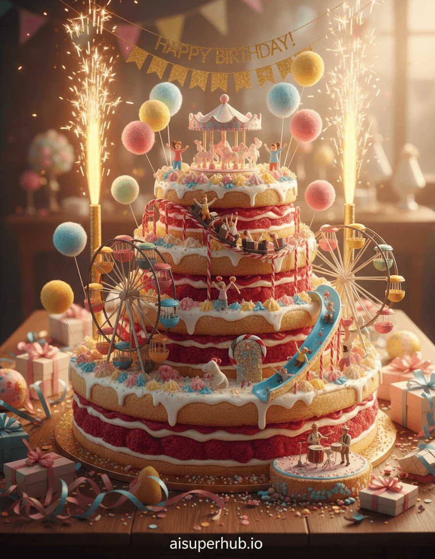 Create a hyper-realistic panoramic photograph depicting an entire miniature amusement park built entirely out of an elaborate birthday cake for the Birthday parties. The central action shows tiny, joyful figures, no bigger than sprinkles, riding rollercoasters made of candy canes and sliding down frosting slides. Balloons made of spun sugar float above carousels crafted from intricately piped icing, creating a bustling, vibrant celebration on the surface of the cake. Details to include: Miniature edible confetti exploding from a marzipan cannon, a Ferris wheel with gondolas made of colorful macarons, a tiny sugar-paste band playing on a stage, sparklers acting as towering light posts, and a banner reading "Happy Birthday!" made from edible glitter. The cake itself sits on a lavishly decorated table, surrounded by blurred party decorations like streamers and wrapped presents, hinting at a much larger, festive human celebration. The edges of the cake reveal layers of sponge and filling, giving a sense of its edible nature, while the miniature amusement park dominates the top, a self-contained world of sugary delight. Magical, warm, and inviting golden hour lighting bathes the scene, with soft rays catching the sugary textures and casting long, playful shadows. The intent is to evoke a sense of wonder, nostalgia, and pure joy, as if witnessing a secret miniature world come alive. A vibrant and playful pastel palette, dominated by candy-floss pinks, sky blues, lemon yellows, and mint greens, with pops of rich crimson and sparkling gold. Whimsical, fantastical, and utterly enchanting, evoking childlike wonder and immense happiness. Masterpiece, high detail, photorealistic, hyper-detailed, fantastical realism, macro photography, depth of field, incredible resolution, 8k, --ar 16:9. Overlay text at the bottom: 'aisuperhub.io'