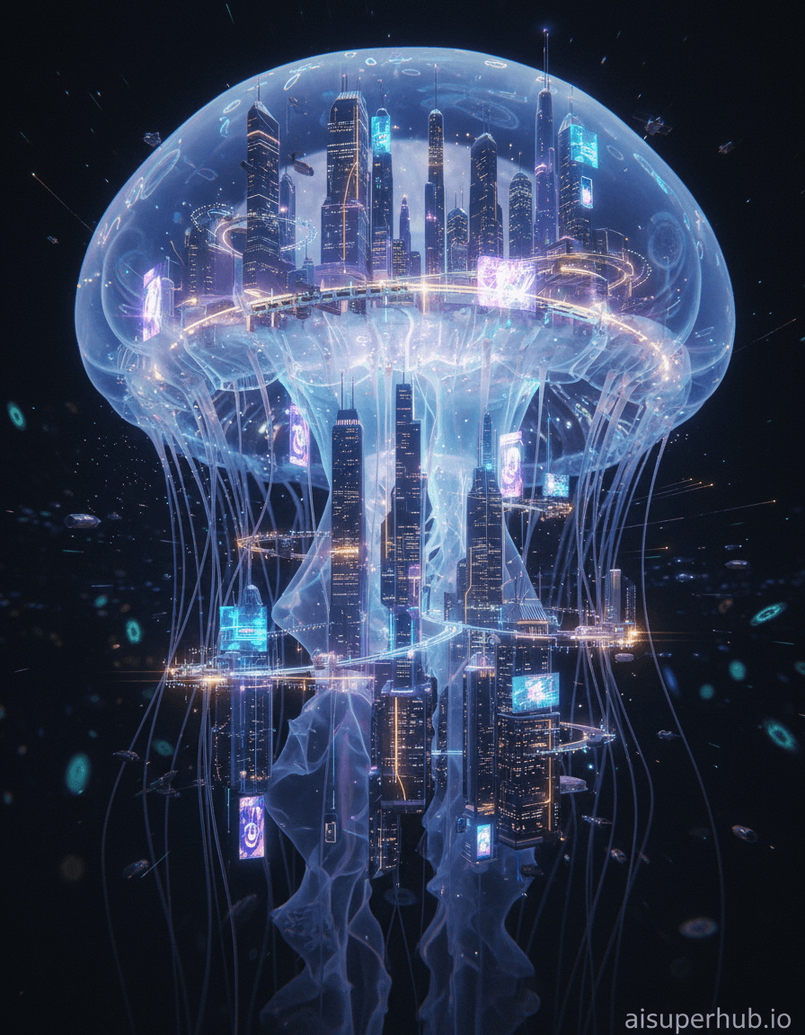 Create a hyper-realistic macro photograph depicting a bustling futuristic city built entirely within the intricate filaments of a glowing jellyfish. An extreme close-up, hyperrealistic macro photograph. The city hums with microscopic energy, its transparent skyscrapers and bioluminescent pathways integrated seamlessly with the jellyfish's pulsating bell and tendrils. Tiny, illuminated air-trams glide along the delicate structures, while countless miniature starships, no larger than dust motes, zip through the clear, gelatinous atmosphere between the vibrant neural networks of the creature. Details to include: glowing hexagonal buildings, microscopic energy conduits, miniature levitating vehicles, shimmering bridges connecting filaments, tiny holographic advertisements projected onto the jellyfish's bell. The jellyfish itself is suspended in the vast, inky blackness of the deep ocean, its own ethereal glow providing the primary light source. Distant, barely visible schools of bioluminescent plankton drift by, resembling distant galaxies, emphasizing the immense scale of the ocean versus the tiny world within the jellyfish. The background is a soft, undefined blur of deep blues and purples. The scene is illuminated by an internal, ethereal glow emanating from the jellyfish and the city's structures, casting soft, luminous highlights and deep, mysterious shadows. The light is predominantly cool-toned, with flashes of warm, golden yellow from the city, creating a sense of awe and wonder with a touch of serene isolation. Predominantly deep blues, translucent aquamarines, electric purples, with accents of neon green, vivid orange, and shimmering gold from the city's infrastructure. A breathtaking sense of miniature marvel and futuristic tranquility. Hyperrealism, macro photography, sci-fi art, bioluminescent art, intricate detail, epic miniature, ethereal, surrealist, digital painting, cinematic. Overlay text at the bottom: 'aisuperhub.io'