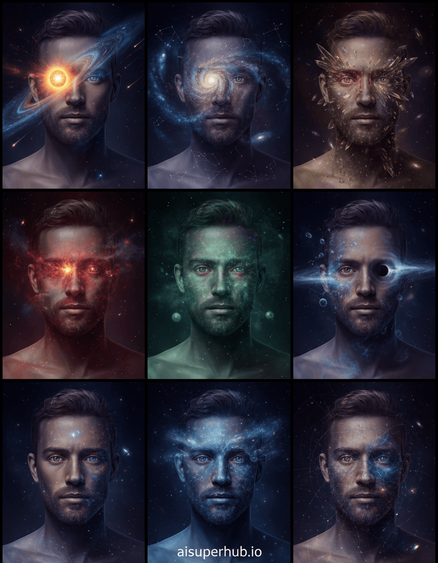 Create a hyper-realistic astrophotographic digital painting depicting a singular man whose face intricately transforms into various cosmic phenomena for the collage of 12 photos of same Man each with a different stellar embodiment, with 'aisuperhub.io' subtly inscribed at the bottom. This twelve-panel collage showcases the same man's evolving face. Each panel captures features morphing into a distinct cosmic entity, from a swirling nebula to a crystalline galaxy. Details to include: Eyes reflecting supernova core with accretion disk. Skin shimmering with cosmic dust and nebula gases. Hair as stream of shooting stars and asteroid belts. Faint constellations mapped across forehead. Tiny black hole vortex replacing pupil. Portraits against deep, dark space, subtly varying with nebulae hues or distant star clusters. Background enhances cosmic transformation, suggesting an endless void. Ethereal, celestial lighting illuminates cosmic textures, often from within his features. Light mimics distant stars or glowing nebulae, evoking ancient mystery, profound wonder. Deep cosmic blues, vibrant purples, fiery reds, sparkling golds, and ethereal greens, reflecting the universe. A grand, enigmatic, and utterly breathtaking atmosphere, encapsulating the cosmic dance within human form. Hyper-realistic astrophotography, cosmic surrealism, digital painting, space art, high detail, ethereal lighting, conceptual portraiture, celestial fantasy, 8K, ultra-detailed.