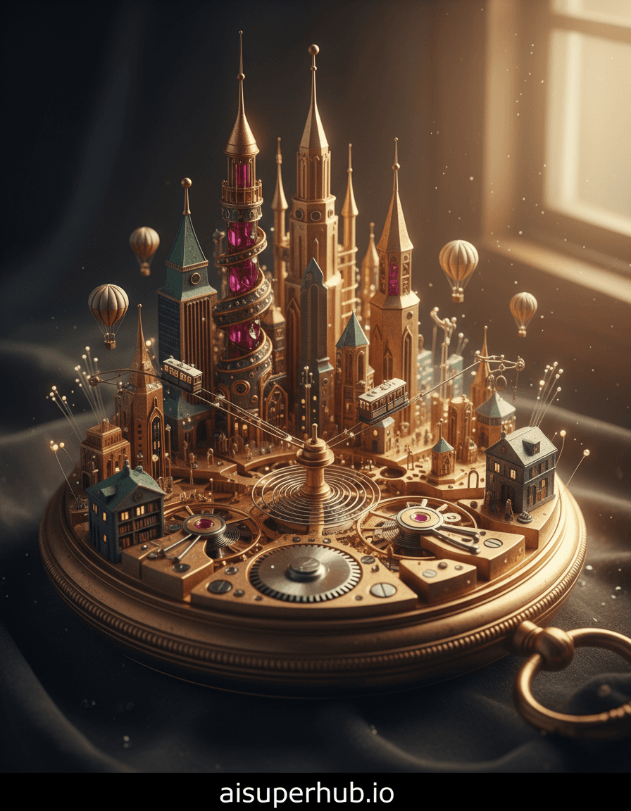 Create a hyper-realistic panoramic photograph depicting a miniature, self-sustaining metropolis thriving within the intricate gears and springs of an antique pocket watch for the Cinematic color grading. Tiny, illuminated skyscrapers of brass and ruby jewels rise from the mainspring's coiled pathways; miniature aerial trams glide along watch hands, connecting districts of minuscule citizens. Vibrant energy pulses through delicate mechanisms, where cogwheels serve as rotating plazas and balance springs become suspension bridges. Details to include: microscopic hot air balloons navigating the escapement, tiny figures on the watch face-turned-central park, fiber optic lights as street lamps along spring pathways, condensation droplets as shimmering lakes, and a minuscule library carved into the winding stem. The background is a soft-focus velvet cloth, subtly reflecting the watch's metallic gleam, creating preciousness and isolation for this miniature world. Dust motes, caught in ambient light, float gently around the watch, emphasizing its immense scale. Dramatic, warm golden hour lighting streams from an unseen window, casting long, sharp shadows across gears and illuminating the 'city' with a magical, inviting glow, evoking wonder and discovery. Pinpricks of light inside the city contrast, hinting at tireless activity. Rich steampunk tones dominate: aged brass, polished copper, deep ruby red, sapphire blue, and hints of oxidized green, all set against soft, velvety blacks and warm sepia. A breathtaking sense of intricate wonder and hidden life. Macro photography, steampunk aesthetic, trompe l'oeil, fantastical realism, highly detailed, octane render, volumetric lighting, epic scale, magical realism, cinematic composition, award-winning photography, with overlay text 'aisuperhub.io' prominently displayed at the bottom.