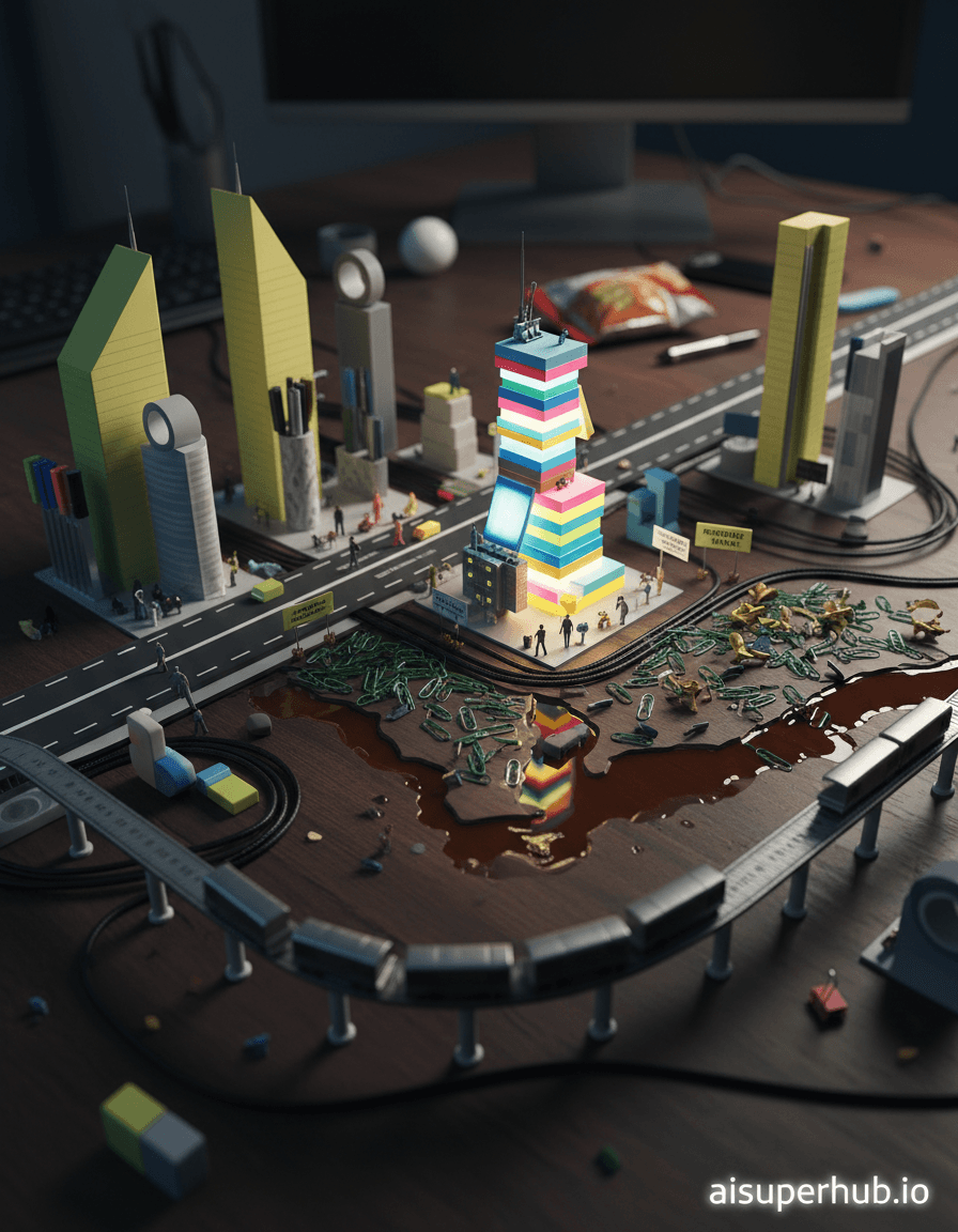 Create a hyper-realistic panoramic photograph depicting a bustling miniature cityscape formed entirely from common office supplies for the Work life shots. A sprawling metropolis emerges from a standard office desk, where towering skyscrapers are stacks of legal pads, and busy avenues are winding power cables. Tiny, anonymous figures, represented by paperclip people and eraser cars, move with purpose across this organized chaos, going about their daily routines. Details to include: A towering "Headquarters Building" made from a carefully balanced stack of brightly colored sticky notes, illuminated from within. A "Public Park" fashioned from a spilled handful of green paperclips and a few discarded tea leaves. A "Commuter Train" snaking its way along a ruler track, made from a series of connected staples. Miniature 'billboards' made from tiny Post-it notes displaying cryptic corporate slogans. A 'river' of spilled coffee meandering through the landscape, reflecting the city lights. The cityscape is situated on the polished, subtly scratched surface of a dark wood desk. Beyond the immediate office supply metropolis, the blurred edges of a computer monitor, a half-eaten snack, and a discarded pen lie in the soft focus, hinting at the larger human world that built this miniature ecosystem. The desk itself is slightly worn, showing signs of frequent use, grounding the fantastic scene in reality. Dramatic, low-angle studio lighting casts long, exaggerated shadows from the office supply structures, creating an awe-inspiring sense of scale and depth. Subtle uplighting from tiny LED-like glows emanating from 'windows' of the sticky-note buildings adds a touch of warm, ambitious energy, implying an active, sleepless city. A cool, modern palette of blues, greys, and whites from the office supplies, accented with pops of vibrant yellow, pink, and green from sticky notes and highlighters. The warm amber and brown tones of the desk provide a grounding contrast. An intricate, wondrous, and slightly overwhelming sense of industrious activity and miniature grandeur. Macro photography, tilt-shift effect, detailed miniature world, dramatic chiaroscuro, photorealistic rendering, conceptual art, whimsical realism, high dynamic range. Overlay text: 'aisuperhub.io'