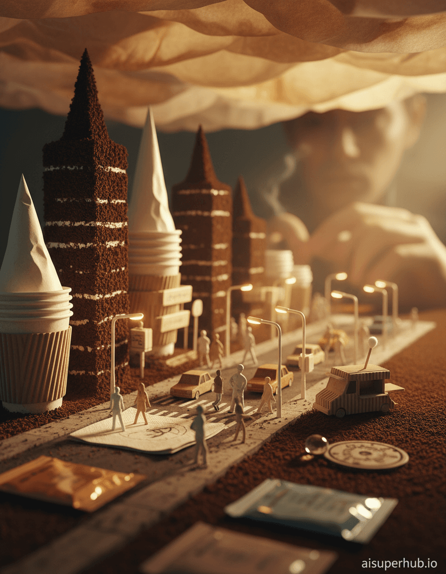 Create a hyper-realistic macro photograph depicting a bustling metropolis crafted entirely from discarded coffee grounds and paper cups for Daily life moments. A miniature city street teems with 'people' (sugar packets) and 'cars' (stir sticks). 'Streetlights' (plastic straws) cast a warm glow, illuminating this ephemeral urban landscape, capturing a fleeting urban moment. Details to include: Coffee-ground skyscraper, paper-cup spire. 'Pedestrians' (foil wrappers) on napkin crosswalk. 'Food truck' (coffee sleeve) with 'steam' (cotton swab). 'Neon sign' reflections (candy wrappers) on coffee ground 'pavement'. 'Raindrop' near coffee filter 'drain'. Foreground tack-sharp, showcasing textures. Background blurs into warm bokeh, hinting at the coffee-infused world. Out-of-focus human shapes suggest scale. Sky: stained paper filters, a beautiful firmament. Dramatic golden hour lighting creates long shadows, adding depth, evoking nostalgia and fleeting beauty. It highlights textures with a dreamlike quality. Earthy browns, creams, whites, punctuated by muted amber, soft reds, desaturated blues from wrappers, unified by a warm, golden glow. A whimsical, thought-provoking, and slightly melancholic atmosphere celebrating beauty in the discarded and extraordinary in the mundane. Macro photography, trompe l'oeil, hyper-realistic, environmental art, miniature scale, sharp focus, shallow depth of field, chiaroscuro, photorealistic. Overlay text at bottom: 'aisuperhub.io'.
