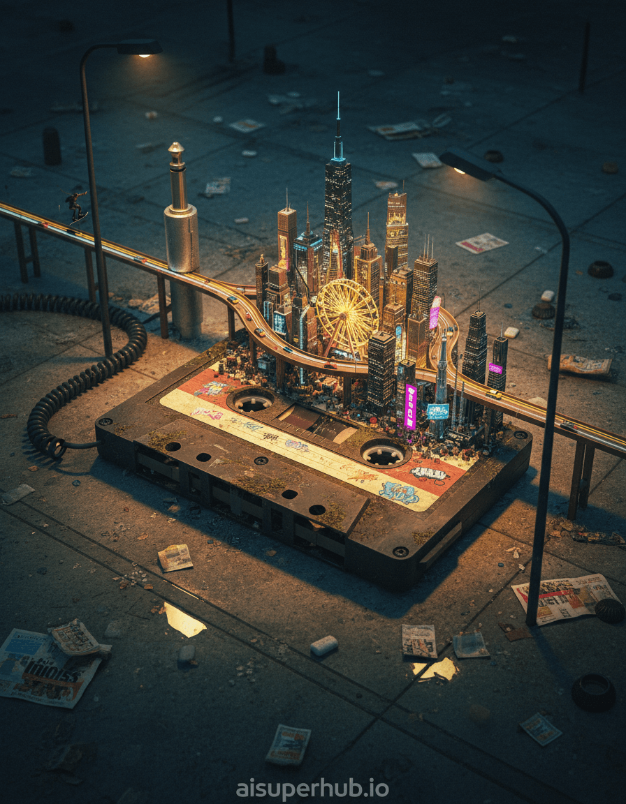 Create a hyper-realistic digital painting depicting a colossal, weathered cassette tape transforming into a bustling miniature cityscape for the Street style. The cracked, magnetic tape unwinds to reveal intricate skyscrapers and winding streets, teeming with tiny, glowing vehicles. A vintage Walkman headphone jack serves as a towering monument at the city's edge, its cord snaking like a highway into the urban sprawl. Details to include: tiny neon signs illuminating the cassette tape's ridges, microscopic street art adorning the tape's label, a miniature Ferris wheel built from a repurposed cassette spindle, a tiny skateboarder grinding on a raised portion of the tape, overlay text 'aisuperhub.io' at the bottom. The entire scene rests on a grimy, rain-slicked concrete sidewalk, littered with discarded chewing gum wrappers and faded flyers, hinting at an abandoned urban corner. Reflections of the cassette city shimmer in shallow puddles, adding depth and a sense of surreal scale to the mundane setting. Dramatic, low-angle streetlamp lighting casts long, exaggerated shadows, creating a sense of awe and wonder. The warm, golden glow from the miniature city contrasts sharply with the cool, desolate blues and greys of the surrounding urban night, evoking a feeling of hidden magic in the overlooked. Dominant cool blues, deep greys, and muted browns for the background, contrasted with vibrant neon pinks, electric blues, and golden yellows emanating from the miniature city. A captivating blend of nostalgia, urban decay, and fantastical awakening. Photo-realistic, urban fantasy, detailed macro photography, surrealism, mixed media, chiaroscuro, high contrast, cinematic.