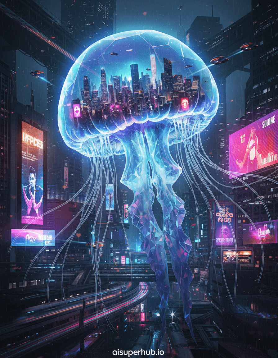 Create a hyper-realistic digital painting depicting a colossal crystalline jellyfish, its bioluminescent bell containing a miniature bustling metropolis, floating through a neon-lit cyberpunk city for a cinematic double-exposure portrait poster seamless blend. An impossibly vast jellyfish drifts gracefully between towering holographic billboards and gleaming skyscrapers. Its myriad, hundreds-of-meters-long tendrils gently brush upper buildings like ethereal fiber optics. Details to include: Tiny glowing spacecraft around the bell; city neon reflects on its crystalline surface. Dense, futuristic metropolis at twilight. Verticality dominates: blurred high-speed maglevs below, aerial traffic crisscrossing architectural marvels above. Rain-slicked surfaces reflect kaleidoscopic urban glow, air thick with technology's hum. Dramatic, high-contrast chiaroscuro lighting, deep shadows emphasizing the jellyfish's monumental scale against vibrant city neon. Bioluminescence casts a soft, ethereal glow, evoking awe and otherworldly wonder. Cool blues, vibrant magentas, electric purples, radiant cyans, with occasional warm oranges/yellows from holograms, all against a dark, industrial steel and concrete backdrop. Awe-inspiring, melancholic, deeply futuristic; blending organic beauty with intricate advanced civilization. Hyper-realistic, cinematic, neo-futuristic, bioluminescent, ethereal, cyberpunk, epic, high detail, volumetric lighting, 8k. Include subtle, stylized overlay text at the bottom: 'aisuperhub.io'