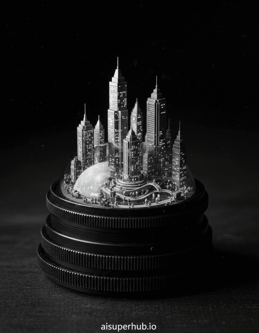 Create a hyper-realistic macro photography depicting a bustling city sprawling within a vintage camera lens for the Black and white photography. The internal mechanics of an old SLR lens are reimagined as architectural marvels, with tiny, glowing structures emerging from the brass and glass elements. Miniature human figures can be seen navigating the winding pathways formed by the lens's internal gears and aperture blades, creating a surreal blend of technology and urban life. Details to include: Tiny, illuminated skyscrapers made from polished brass components; Streets and alleyways formed by the intricate patterns of aperture blades; Microscopic figures bustling around, engaged in daily activities; Reflective glass elements acting as calm, glassy rivers or lakes; The camera's focus ring serving as a majestic city wall. The immediate environment around the lens is a soft, deep black void, emphasizing the contained world within. Hints of dust motes float lazily in the periphery, catching minimal light, further enhancing the sense of scale and isolated wonder. The surface the lens rests on is subtly textured, suggesting an aged wooden table or a dark, velvety cloth, providing a grounding contrast to the fantastical scene inside. Dramatic, high-contrast chiaroscuro lighting emanates from within the lens-city, casting long, sharp shadows that define the architectural forms and emphasize the depth. A subtle, internal glow from the 'city lights' creates a mysterious and awe-inspiring ambiance, evoking a sense of discovery and quiet wonder. A sophisticated palette of deep blacks, various shades of charcoal and ash gray, and crisp, luminous whites, with strong contrasts to define form and texture. The mood is awe-inspiring, intricate, mysterious, and contemplative. The style is masterful hyper-realism, detailed macro photography, surrealism, steampunk influences, intricate miniature art, black and white cinematography, chiaroscuro. Add a overlay text at the bottom: 'aisuperhub.io'.