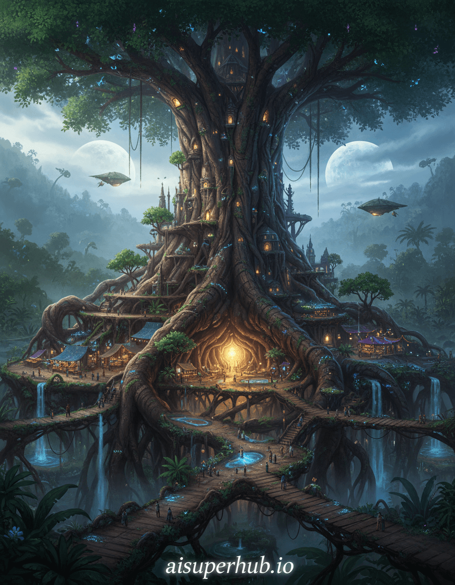 Create a hyper-realistic digital painting depicting a colossal, ancient Banyan tree whose aerial roots have grown into a vibrant, multi-tiered metropolis for the Lifestyle portraitsThe massive trunk is a towering skyscraper, its bark integrated with glowing windows and balconies. Tiny humanoids navigate root pathways, bustling with markets. Miniature bridges connect root-levels, forming an organic city. Details to include: Glowing bioluminescent moss trails; seedpod airships gliding; tiny waterfalls into pools; a central 'heart' where oldest roots converge, radiating warm, pulsing light. Beyond the root-city, a primeval jungle shrouded in mystical mist. Otherworldly flora and fauna subtly discerned. Sky is perpetual twilight, twin moons casting shadows. Magical, ethereal glow from bioluminescent elements and soft twin moon light. Warm, golden light from the tree's 'heart' and dwellings evoke cozy intimacy, wonder, awe, and peace. Emerald greens, earthy browns, vibrant bioluminescent blues, purples, warm golden yellows, soft pearlescent whites. Iridescent shimmer. A breathtakingly whimsical and serene atmosphere, filled with profound enchantment and the quiet hum of a harmonious, impossible civilization. Fantasy realism, epic scale, intricate detail, mystical, otherworldly, digital art, matte painting, hyper-detailed, atmospheric, high-resolution. overlay text 'aisuperhub.io' at the bottom.