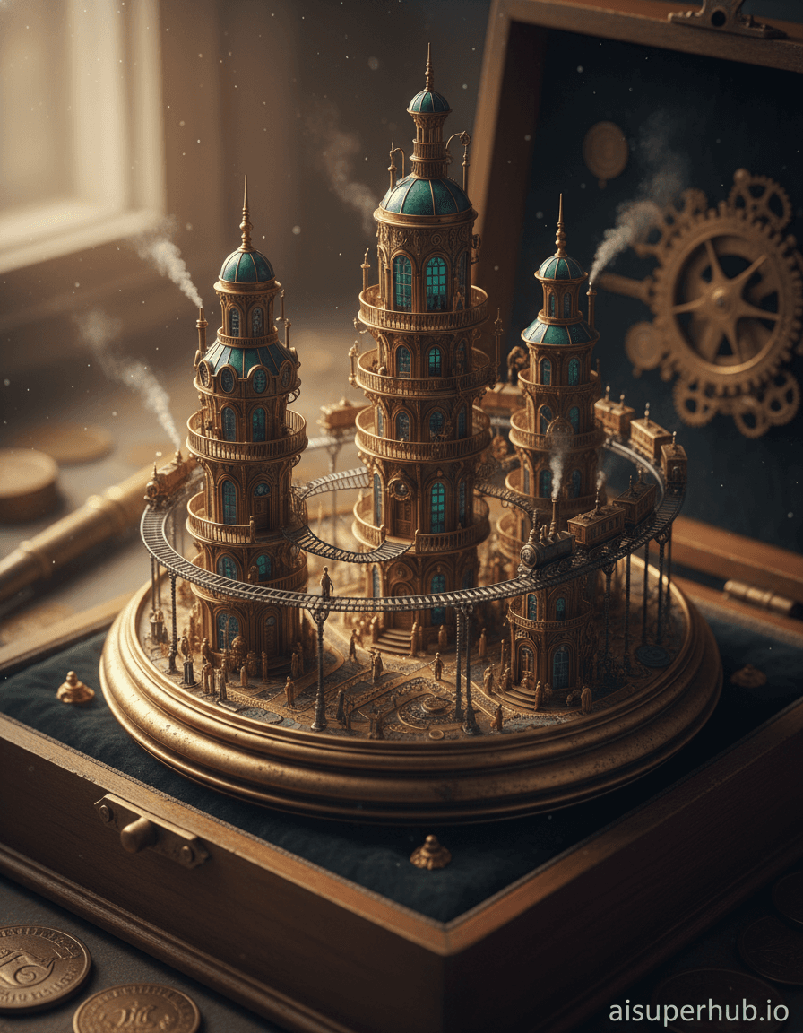 Create a hyper-realistic macro photograph depicting a forgotten antique pocket watch transformed into a bustling miniature steampunk city for the Macro art. The aged brass casing and intricate internal gears of the pocket watch now serve as the foundations of an impossibly small, vibrant metropolis. Tiny clockwork citizens navigate winding spring-coil bridges and busy gear-cog avenues, while miniature airships powered by steam float gracefully above. Details to include: Gears reimagined as towering, multi-layered clockwork buildings with minuscule balconies; springs forming intricate, elevated railway systems carrying tiny, smoking trains; minuscule figures crossing watch hands acting as grand pedestrian bridges; wisps of steam gently rising from vents and chimneys within the city, and ornate, filigreed brass and copper embellishments adorning every structure. The miniature city rests within a forgotten, slightly opened, velvet-lined antique wooden box, with dust motes dancing in the air above. The background blurs into a soft, diffused glow, hinting at other forgotten treasures like an old quill or scattered tarnished coins, adding to the sense of unearthed wonder. Warm, golden hour light streams from an unseen window, casting long, dramatic shadows that emphasize the architectural complexity and create a sense of profound depth. The light highlights the burnished metals and intricate details, evoking a feeling of nostalgic discovery and magical realism. The color palette is dominated by rich sepia tones, burnished brass and copper, deep emerald accents from tiny glass domes, and occasional electric blue sparks emanating from active mechanisms. The mood is one of intricate discovery, hidden life, and nostalgic futurism, inviting the viewer to lean in closer. The style is Victorian futurism, highly detailed, photorealistic, intricate, miniature diorama, fantastical realism. overlay text: 'aisuperhub.io'