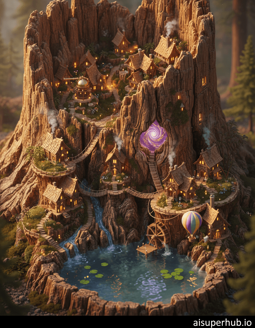 Create a hyper-realistic macro photograph depicting a miniature civilization for the hyper-realistic isometric 3D render of a miniature bustling, anachronistic city carved directly into the ancient, gnarled wood grain of a gigantic, petrified redwood tree stump. Tiny, illuminated buildings with intricate architecture wind along natural crevices, connected by rope bridges and minuscule pathways. Smoke gently curls from minuscule chimneys, suggesting life within. Details to include: A microscopic observatory with a tiny brass telescope pointing upwards towards the unseen sky. An elaborate wooden waterwheel powered by a minuscule stream flowing down a bark-like channel. A whimsical hot air balloon, no larger than a thimble, gently tethered to a wooden dock. A glowing ethereal portal integrated into a prominent knothole, hinting at a mystical energy source. Intricate moss gardens cultivated on elevated, carved platforms. The massive tree stump dominates the frame, its weathered surface revealing centuries of history in its deep rings and complex textures. Surrounding it, a shallow pool of crystal-clear water perfectly reflects the miniature city's golden glow, dotted with minuscule, glowing lily pads. The background beyond the pool fades into a soft, ethereal forest haze, suggesting an immense, untouched wilderness. Warm, golden hour lighting filters through an unseen canopy, casting long, dramatic shadows across the miniature city and creating a profound sense of wonder and ancient magic. The light source is gentle but meticulously emphasizes every intricate detail, evoking a feeling of discovery and awe. Rich earthy browns from the wood, deep forest greens from moss, warm amber lights from the buildings, subtle cool blues in the water, and hints of soft purple and gold from the mystical elements. A breathtaking blend of awe, intricate wonder, and serene mystery. Photorealistic, cinematic, miniature scale, detailed, epic fantasy, whimsical, impossible architecture, fantasy art. Add overlay text at the bottom: 'aisuperhub.io'