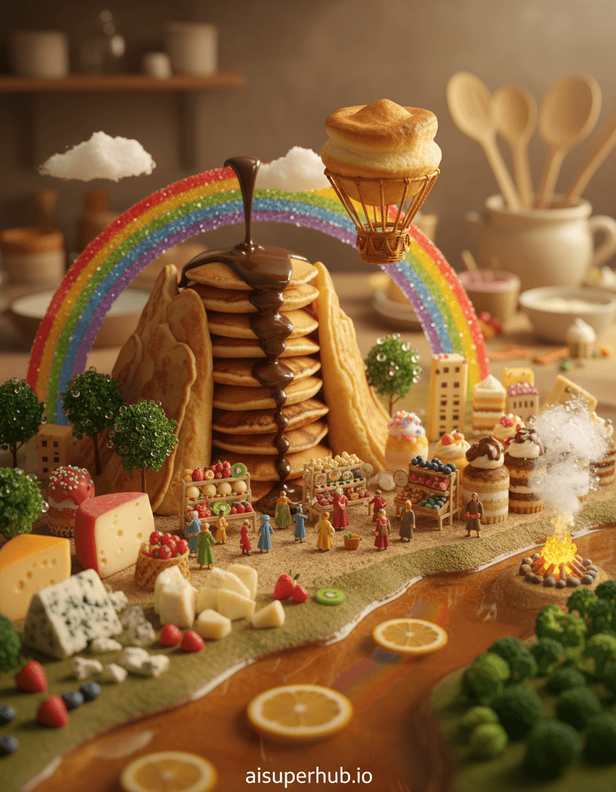 Create a hyper-realistic still life photograph depicting a vibrant, edible miniature world for the Food photography. A cascading waterfall of molten chocolate flows down a mountain of stacked pancakes. Miniature marzipan figures navigate a bustling street market made of artisan cheeses and tiny fruits. Details to include: Glistening 'morning dew' (sugar syrup) on mint leaf trees; a soufflé hot air balloon over a petit four cityscape; cucumber boats on a consommè river with lemon sun; sugar crystal 'campfire' smoke by a broccoli forest; a rainbow of colored sugar glass. A soft, warm kitchen blur forms the background, hinting at artisanal origin. Out-of-focus utensils and ingredients provide context without distracting from the intricate main subject, creating culinary mastery. Soft, golden hour light from upper left, casting dramatic shadows emphasizing textures. Warm and inviting, it evokes wonder and anticipation, highlighting edible details with an ethereal glow. Rich, warm earth tones with vibrant pops of crimson, forest green, and sunny yellow, grounded by creamy whites and deep chocolate browns. Whimsical, enchanting, and utterly delectable, inviting viewers into a world where food becomes art and fantasy. Hyper-realistic, detailed macro photography, surreal, trompe l'oeil, fantasy art, cinematic, edible art, with an overlay text at the bottom 'aisuperhub.io'.
