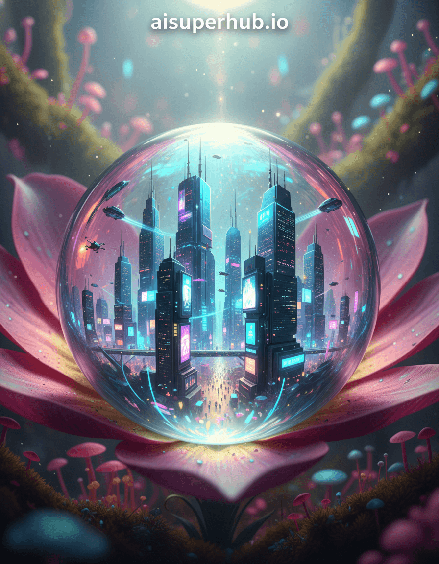 Create a hyper-realistic macro photograph depicting a bustling futuristic city encased within a single dewdrop for the Street style. The dewdrop, magnified to monumental size, refracts light, revealing a vibrant metropolis bustling with miniature flying vehicles zipping between towering, crystalline skyscrapers that glow with iridescent light. Tiny, intricate holographic advertisements flicker across the buildings' surfaces, creating a sense of dynamic energy within the contained world. Details to include: Miniature, bioluminescent sky-trains weaving through the city; Reflected distorted cityscape on the dewdrop's surface; Tiny, almost imperceptible figures moving on sky-bridges; A micro-drone with a delivery package; A shimmering, ethereal protective barrier visible at the dewdrop's edge. The dewdrop rests delicately on the velvety petal of a colossal, fantastical bioluminescent flower, its texture and intricate veins visible beneath the transparent sphere. The flower itself is part of an otherworldly, moss-covered micro-landscape, with tiny, glowing fungi and exotic flora providing a vibrant, yet subtly blurred, natural counterpoint to the city within. Bright, ethereal backlighting from an unseen, glowing celestial body above the flower creates a dazzling, almost heavenly glow, highlighting the dewdrop's perfect spherical form and casting long, intricate shadows from the city's structures within. The light evokes wonder, awe, and a sense of magical discovery. Color palette specification: Predominantly cool blues, vibrant electric purples, and neon greens for the city, contrasted with warm, soft pinks and emeralds from the fantastical flower and background. Mood/atmosphere: Awe-inspiring, magical, and delicately bustling. Macro photography, photorealistic, intricate detail, sci-fi fantasy, bioluminescent, ethereal, high-resolution. overlay text: 'aisuperhub.io'