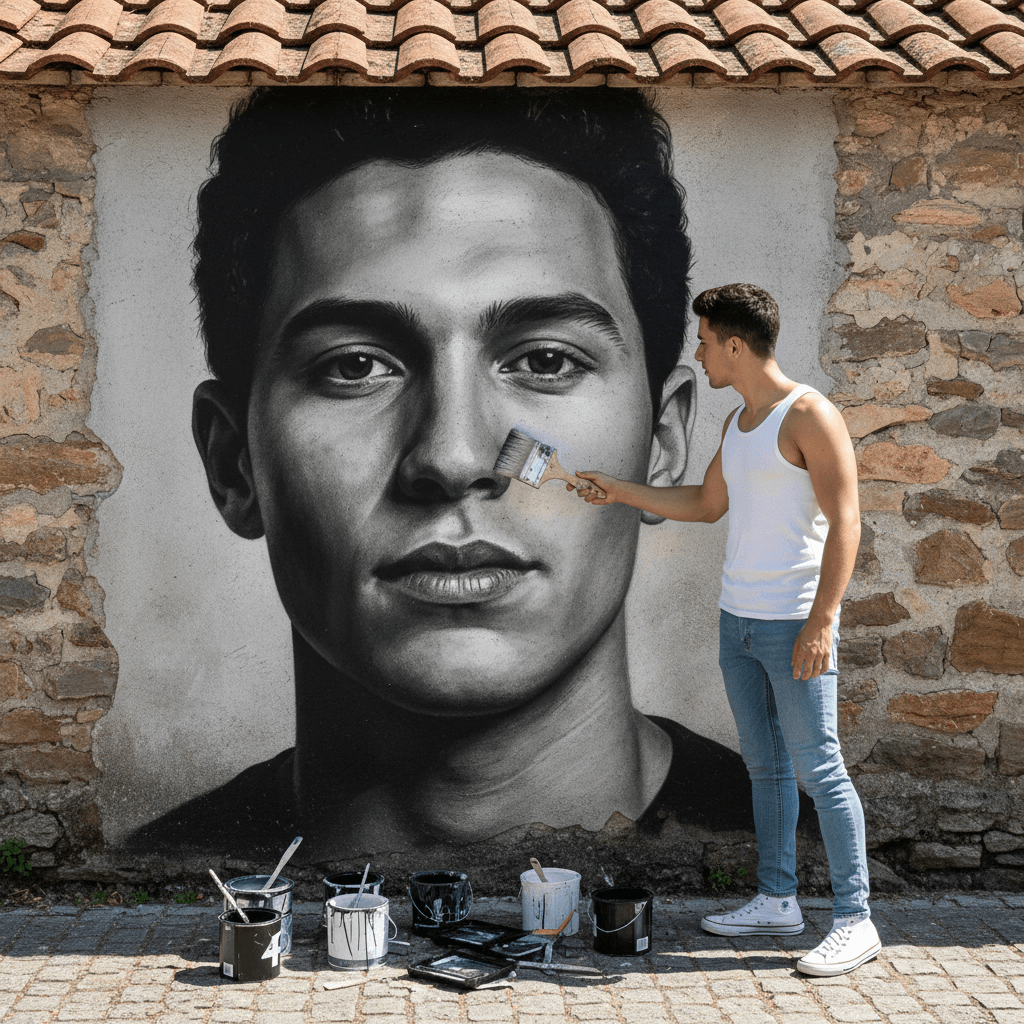 Use uploaded photo and make young man standing in front of a wall with a realistic black-and-white mural of himself. He is holding a paintbrush as if painting the mural. The mural shows his portrait with detailed shading, lifelike proportions, and a calm expression. He is wearing a sleeveless shirt, fitted jeans, and casual sneakers. Paint cans and brushes are placed on the ground near his feet. The wall has a rustic tiled roof on top, adding texture and atmosphere. Daytime outdoor setting, highly realistic and artistic photography style. Make image