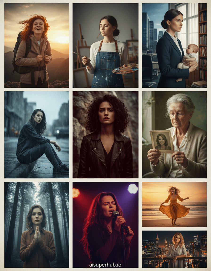 Create a hyper-realistic photographic collage depicting a single woman's multifaceted identity for the collage of 12 photos of same woman each with a different emotional state and life stage. The central subject is a woman, captured in twelve distinct yet visually harmonious photographs arranged in a grid. Each image showcases her in a different emotional state – from serene contemplation to vibrant joy, profound sorrow to fierce determination – and subtly suggests various stages of her life, from youthful exuberance to dignified wisdom, forming a complex visual biography. Details to include: Unique hair/makeup per photo. Artist with brush. Adventurer with windblown hair. Professional with determined gaze. Maternal figure with soft shawl. Weathered hand holding a faded photo of her younger self. Backgrounds are distinct yet linked, suggesting a minimalist studio, city street, forest, library, mountain, and beach, subtly contextualizing her evolving persona. Lighting varies from soft, diffused natural light (introspection) to dramatic, high-contrast studio light (resolve) and warm, golden hour glow (peace); its emotional intent conveys the spectrum of human experience from vulnerability to strength. A rich, varied color palette flows from cool blues (reflection) to earthy greens (grounding), vibrant yellows (joy), and deep reds (passion); each mini-portrait has its own dominant scheme for overall harmony. An deeply evocative and introspective atmosphere, celebrating the depth and complexity of a single individual's journey through life and emotion. Hyper-realistic photography, cinematic portraiture, editorial fashion photography, psychological realism, mixed media collage, high detail, sharp focus, art photography, emotional depth, narrative art. add credits 'aisuperhub.io'