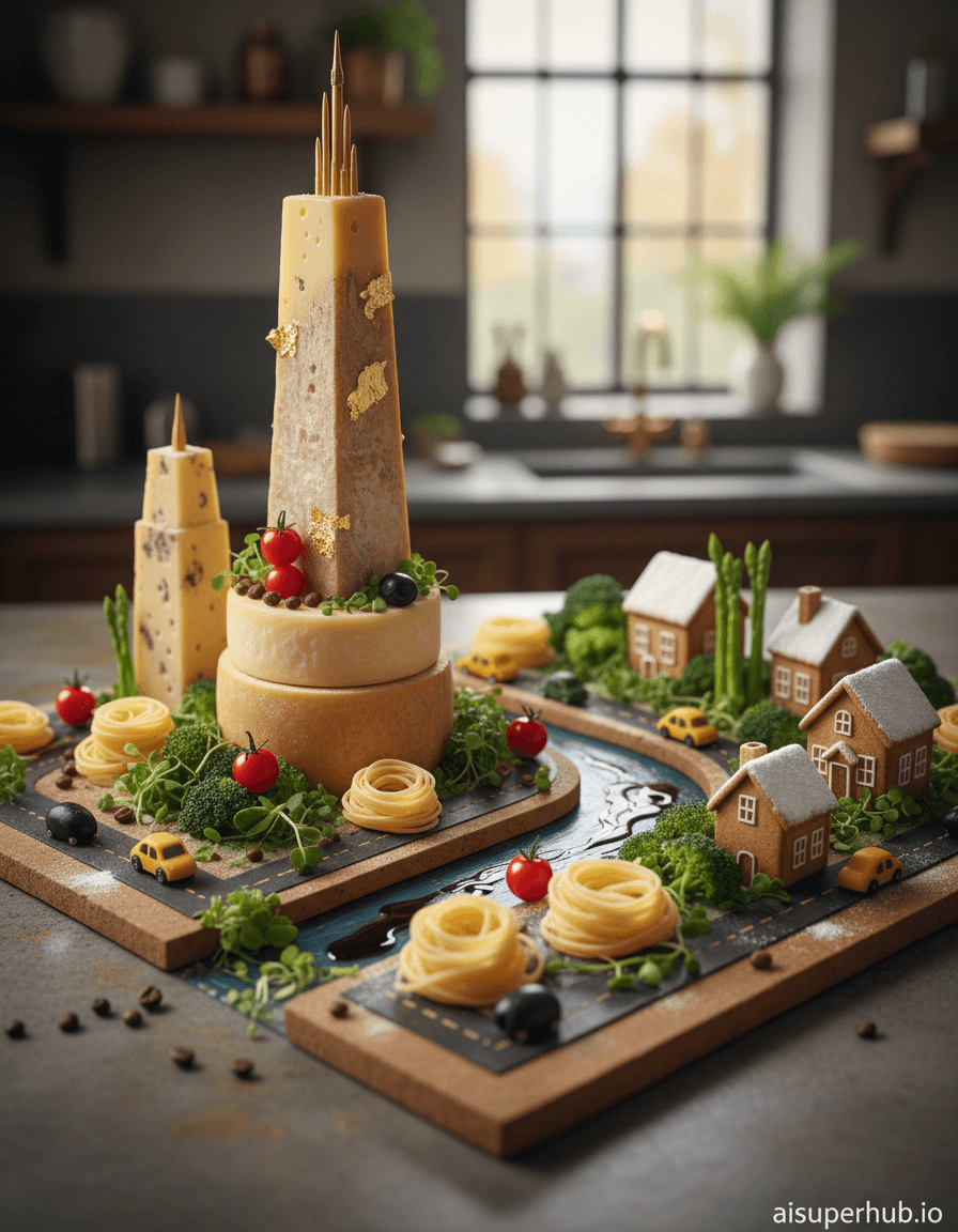 Create a hyper-realistic still life photography depicting a bustling miniature cityscape constructed entirely from gourmet culinary ingredients, captured for a high-end Food photography magazine. The scene showcases an elaborate, edible metropolis, viewed from a slightly elevated macro perspective, revealing intricate details of its flavorful architecture and vibrant edible life. Buildings crafted from artisanal breads and stacked cheeses rise majestically, while winding roads of perfectly cooked pasta weave between them, inviting the viewer into this fantastical gastronomic world. Details to include: A towering skyscraper made of perfectly stacked artisanal cheese wheels, adorned with edible gold leaf accents, with a glistening balsamic glaze river flowing beside it. Tiny 'cars' crafted from colorful heirloom cherry tomatoes and black olives, 'driving' on impeccably arranged fettuccine and linguine roads. A vibrant park area composed of fresh, dewy microgreens, with 'trees' made of broccoli florets and blanched asparagus spears. Delicate powdered sugar 'snow' lightly dusting the rooftops of gingerbread houses, giving a magical, whimsical touch. Miniature 'people' represented by single, perfectly roasted coffee beans and shiny black peppercorns, strategically placed to enhance the sense of scale. The environment is a subtly textured, warm grey slate countertop, slightly out of focus to draw full attention to the edible city, with a hint of an elegant, minimalist kitchen background blurred in the distance. Soft, warm, and diffused natural light from a large window bathes the scene, highlighting the textures of each ingredient and creating inviting, gentle shadows that give depth and a magical, dreamlike quality. The color palette is rich and diverse, featuring warm earth tones from baked goods, vibrant greens, reds, and yellows from fresh produce, creamy whites from cheeses, and deep browns from spices and coffee, all harmoniously blended. The mood is whimsical, inviting, awe-inspiring, and deliciously intricate. This image is rendered in a hyper-realistic macro photography style, with editorial food styling, incorporating surrealist trompe l'oeil effects, presented in high-definition, reminiscent of award-winning culinary art. Overlay text at bottom: 'aisuperhub.io'