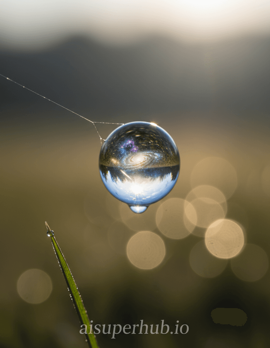 Create a hyper-realistic macro photograph depicting a miniature cosmic ballet within a dewdrop for the 3D holograms. A perfectly spherical dewdrop, clinging precariously to a single silken strand of a spiderweb, acts as a self-contained universe. Within its translucent sphere, galaxies swirl, nebulae glow, and celestial bodies perform a slow, elegant dance, reflecting a vast cosmic drama in microscopic scale. Details to include: Tiny, swirling spiral galaxies composed of iridescent dust; Gossamer spider silk perfectly in focus, leading into the dewdrop; Subtle refractions of light on the dewdrop's surface, distorting the 'universe' within; A minuscule, shimmering comet streaking across the inner cosmos; A faint, ethereal aurora-like glow emanating from the dewdrop's core; A discreet, elegant overlay text 'aisuperhub.io' positioned at the bottom center of the image. The dewdrop is suspended in the cool, damp morning air, with a blurred, sun-dappled forest floor acting as the background. The surroundings should be out of focus but suggest a vibrant, living ecosystem just beyond the micro-scene, enhancing the contrast between the tiny cosmic drama and its earthly setting. A single blade of grass should be visible in the extreme foreground, slightly out of focus, anchoring the scene. Soft, ethereal backlighting from a low morning sun, creating a gentle halo around the dewdrop and emphasizing its translucence. The light should evoke a sense of serene wonder and profound discovery. Predominantly cool blues, deep violets, and cosmic purples for the interior, contrasted with warm, golden hues and soft greens in the blurred background. Accents of iridescent silver and gold within the galaxies. Awe-inspiring, tranquil, and deeply magical. Photorealistic macro photography, cosmic art, hyper-detailed, surreal realism, ethereal, dreamlike, cinematic.