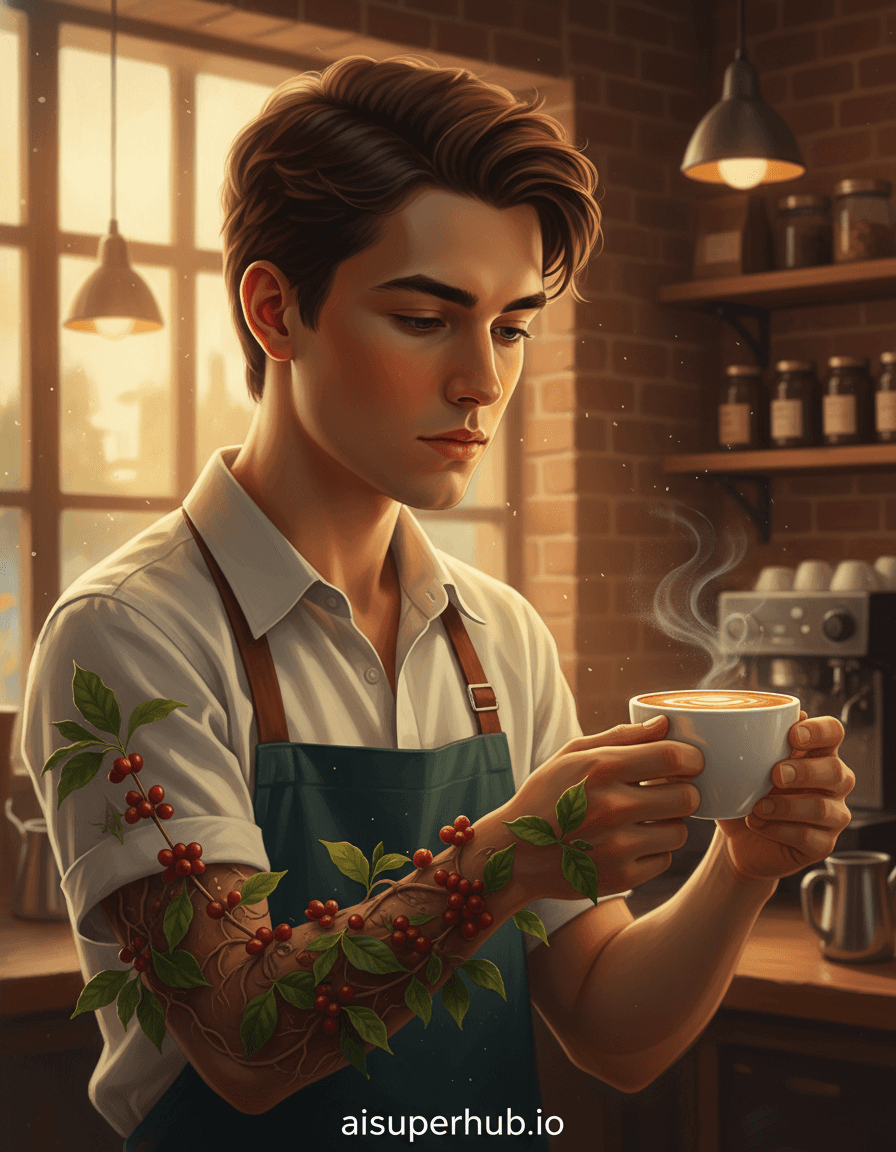 Create a hyper-realistic digital painting depicting a 'Living Coffee Plantation' for the Lifestyle portraits. A young, contemplative barista stands in a sun-drenched artisanal cafe, one hand gently tending to a tiny, leafy coffee branch sprouting from their forearm, while the other holds a delicate, steaming espresso cup. The barista's gaze is focused on the miniature ecosystem, a serene expression hinting at a deep connection to their craft, as if they are both creator and part of the creation. Details to include: Intricate, tiny coffee cherries ripening on branches emerging organically from the skin; miniature, dew-kissed coffee leaves unfurling along the contours of the arm; a delicate, fine mist subtly rising from the miniature plantation on the barista's body; tiny, almost imperceptible roots subtly integrated into the skin texture; a single, perfectly crafted latte art design visible in the espresso cup, subtly reflecting the miniature world. The background is a softly blurred, warm-toned artisanal coffee shop interior, with hints of exposed brick, wooden shelves displaying specialty coffee beans, and a soft glow from distant pendant lights. The setting is minimalist to emphasize the central figure, yet rich with the subtle textures and aromas associated with a premium coffee experience. Soft, golden hour light streams from an unseen window, highlighting the barista's profile and casting a warm, ethereal glow on the miniature coffee plantation, emphasizing its vitality. The light evokes a sense of peace, reverence, and the gentle magic of creation. The color palette features rich earth tones, deep greens, warm browns, and creamy whites, with pops of vibrant red from the coffee cherries. The mood is meditative, enchanting, and deeply personal, celebrating the essence of coffee through a miraculous connection. This piece is a hyper-realistic digital painting, blending surrealism and magical realism, featuring a detailed macro photography aesthetic, trompe l'oeil effects, and fine art portraiture, with an overlay text at the bottom displaying 'aisuperhub.io'.