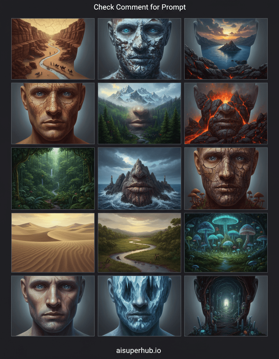 Create a hyper-realistic digital painting depicting the same man's face transforming into an intricate, living landscape across a collage of 12 photos, each revealing a different natural biome or geological feature, forming a cohesive narrative of organic metamorphosis. Each portrait shows facial segments – cheek, forehead, eye – seamlessly morphing into miniature, vast ecosystems. Wrinkled forehead as desert canyon, cheekbone as snow-capped mountain, iris as alpine lake, blurring flesh and earth. Details to include: Tiny, detailed wildlife (micro-caravan on cheek); subtle atmospheric effects (fog, heat haze); human skin textures merging into geological ones; dynamic sky reflections in 'water'. Overlay text 'Check Comment for Prompt' top center, 'aisuperhub.io' bottom center. Each photo against a minimalist studio backdrop (soft charcoal-to-slate gradient), focusing on facial landscapes. Unobtrusive background frames transformation, with ethereal glow from portrait edges hinting at fantastical energy. Dramatic, high-contrast chiaroscuro lighting emphasizes topographical details, casts expressive shadows. Light shifts from harsh desert sun to soft misty forest glow, creating wonder, profound introspection; awe and melancholic contemplation pervades. Rich, earthy tones: deep greens, terracotta, glacial blues, sun-bleached yellows, volcanic greys, underpinned by realistic human skin tones. Vibrant bioluminescent flora or fiery sunset hues provide stark contrast. Breathtaking blend of surreal beauty, profound contemplation, evoking ancient wisdom, organic transformation. Hyper-realistic, photorealistic, trompe l'oeil, mixed media, fine art, macro photography, surrealism, cinematic, 8k.