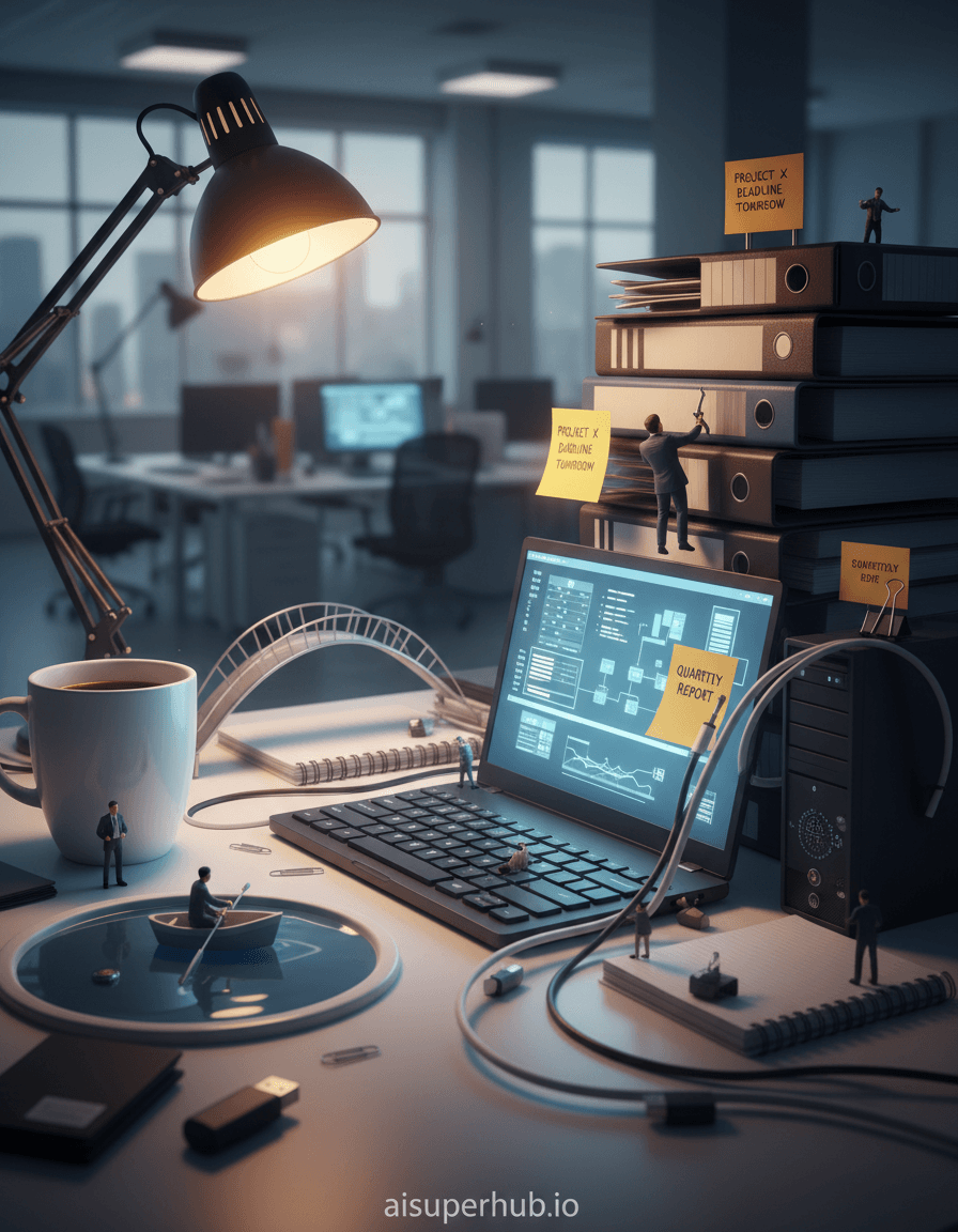 Create a hyper-realistic wide-angle panorama depicting a bustling office desk as a miniature metropolitan landscape for the Work life shots. A tiny, determined office worker figurine navigates towering "skyscrapers" of stacked document trays and computer monitors. The scene captures the essence of daily professional ambition and the overwhelming yet navigable nature of the modern workspace. Details to include: A miniature business person scaling binders with a staple remover. A glowing laptop screen illuminating a "street" of entangled charging cables. A coffee mug acting as a reflective lake with a pen cap rowboat. Post-it notes as vibrant billboards advertising tiny tasks. The "city" is built from office supplies; keyboard keys form streets, paper clips become bridges. Blurred background hints at the vast office, creating strong scale contrast. Diffused morning light from a window casts long, dramatic shadows on "buildings." A warm glow from the miniature laptop and desk lamp symbolizes focus and dedication, fostering quiet ambition. Cool office grays, blues, whites, accented by vibrant yellow post-it notes, warm amber desk lamp light, and metallic tech sheen. Inspiring, intricate, and whimsical, reflecting the industrious spirit of work life. Photorealistic macro photography, 3D rendering, surrealism, intricate detail, high fidelity, corporate fantasy. Overlay text: 'aisuperhub.io' at the bottom.