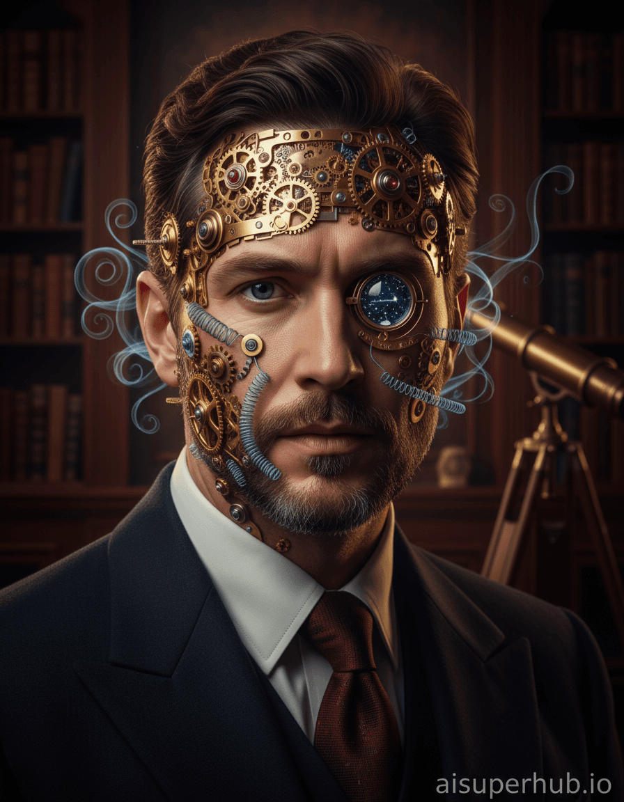 Create a hyper-realistic cinematic photograph depicting a man with an intricate, visible clockwork mind for the Creative portraits men. The subject, a distinguished man in his late 30s, gazes forward with stoic, contemplative expression. Skin subtly peeled back reveals a mesmerizing network of polished brass gears, springs, and tiny, glowing ruby bearings interwoven beneath. His right eye reflects a miniature star chart. Details to include: Glimmering micro-gears around temple and jawline; delicate sapphire springs under cheek; subtle internal golden glow from mechanisms; faint ethereal wisps curling from clockwork; tiny, embossed numerical etchings on brass. Background: an elegantly minimalist, darkly polished mahogany study, softly blurred with antique books and an ornate brass telescope. This setting evokes timeless knowledge and quiet contemplation, hinting at a grander, cosmic scale. Dramatic chiaroscuro lighting emphasizes intricate clockwork details, with sharp highlights on polished metal and deep shadows defining his sculpted features, evoking profound mystery and introspective brilliance. A rich palette of deep brass, bronze, polished mahogany, muted crimson, and subtle sapphire blues, contrasting with warm internal golden glows and cool steely greys. The mood is one of enigmatic wisdom, intricate beauty, and a quiet, powerful internal universe. Highly detailed, photorealistic, cinematic portraiture, mechanical futurism, steampunk elegance, hyper-definition. Subtle, elegant, transparent overlay text 'aisuperhub.io' at bottom right.