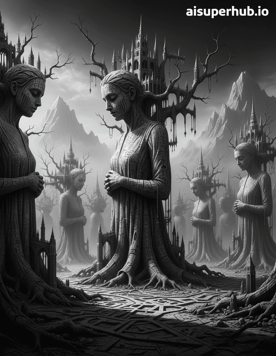 Create a hyper-realistic landscape photograph depicting a vast, petrified forest where each 'tree' is a carved monument for the Black and white photography. Ancient tree trunks morph into haunting human figures, frozen in contemplation. Gnarled, leafless branches sprout delicate architectural elements like tiny cathedrals and skeletal bridges, creating dizzying scale and detail. Details to include: Textured bark-like skin on figures, fine cracks resembling ancient script, miniature buttresses and spires from branches, gnarled roots forming abstract patterns. The forest extends into dense, atmospheric fog, swallowing the horizon. Crumbled stone 'leaves' and 'twigs' litter desolate, rocky terrain, reinforcing ancient decay. Distant, ethereal mountains pierce mist, resembling colossal, slumbering giants. Dramatic, low-key lighting with sharp, raking light illuminates stone figures, casting deep, elongated shadows. Stark, brilliant highlights accentuate every chisel mark, creating profound solemnity and mystery. Monochromatic grayscale, emphasizing extreme contrasts: deep velvety blacks, pure ethereal whites, with charcoal and silver tones. The overall mood is one of majestic desolation, timeless wonder, and quiet reverence. Artistic descriptors: Surrealism, monumental sculpture, gothic architecture, deep focus, fine art, analog film, high contrast, texture emphasis. overlay text: aisuperhub.io