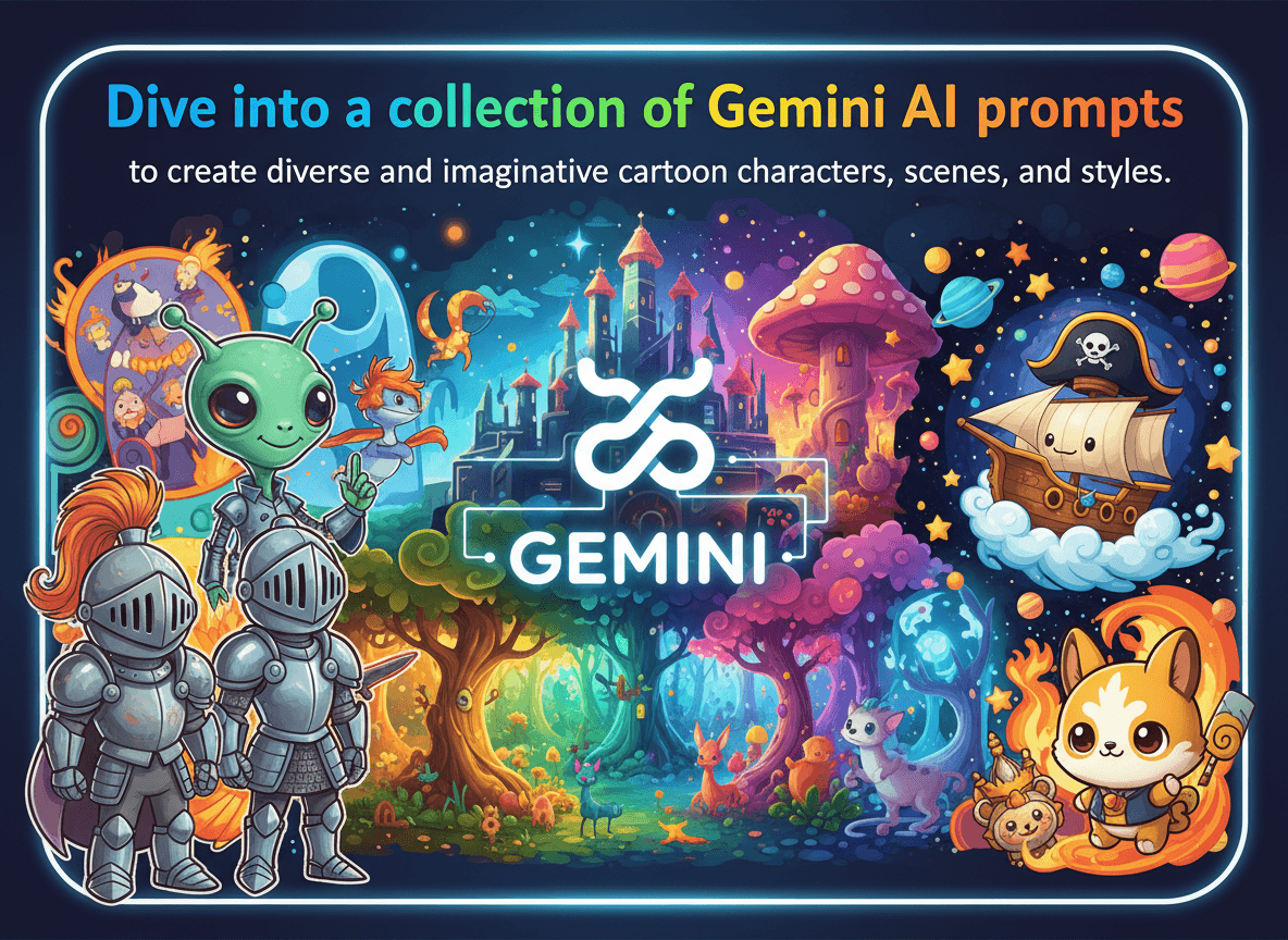 Dive into a collection of Gemini AI prompts to create diverse and imaginative cartoon characters, scenes, and styles.