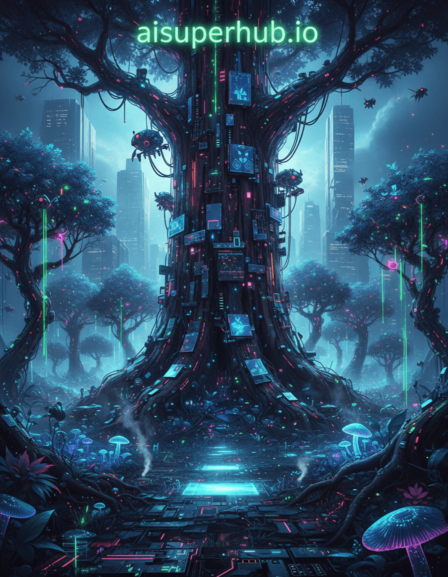 Create a hyper-realistic digital matte painting depicting a cyberpunk bioluminescent forest where ancient trees are integrated with intricate circuitry and glowing data streams for the cinematic double-exposure portrait poster seamless blend. A massive ancient redwood, its bark replaced by glowing fiber optics and chrome panels, dominates the foreground. It stands amidst a grove of smaller trees, their leaves shimmering with pulsating neon energy, resembling data packets flowing through digital veins.Details to include: Translucent fungi emitting soft, electric light; small drones resembling metallic insects flitting between branches; a hidden holographic pathway through the undergrowth; subtle steam vents releasing atmospheric vapor; ancient, half-obscured carvings on bark sections.The forest floor is a complex network of illuminated root systems and circuit board-like pathways, merging organic and synthetic textures. In the distance, towering futuristic skyscrapers with shimmering glass facades pierce a perpetually twilight sky, their upper floors disappearing into dense, artificial fog. Digital flora, resembling glass filaments, intertwine with mutated natural plants, creating an ecosystem of artificial life.The lighting is predominantly low-key, bathed in deep blues, purples, and vibrant neon greens and fuchsia from integrated technology. Light sources emanate primarily from the bioluminescent flora and circuit patterns, creating an ethereal, slightly ominous glow. This lighting evokes wonder mixed with melancholic futurism. The color palette features deep indigos, electric blues, neon greens, fuchsia, dark metallics, and occasional amber accents. The mood is a blend of futuristic wonder, dystopian melancholy, and serene artificial nature. Neo-futuristic, hyper-detailed, cinematic, photorealistic, cyberpunk, fantasy illustration, digital painting, volumetric lighting, unreal engine. overlay text 'aisuperhub.io'.
