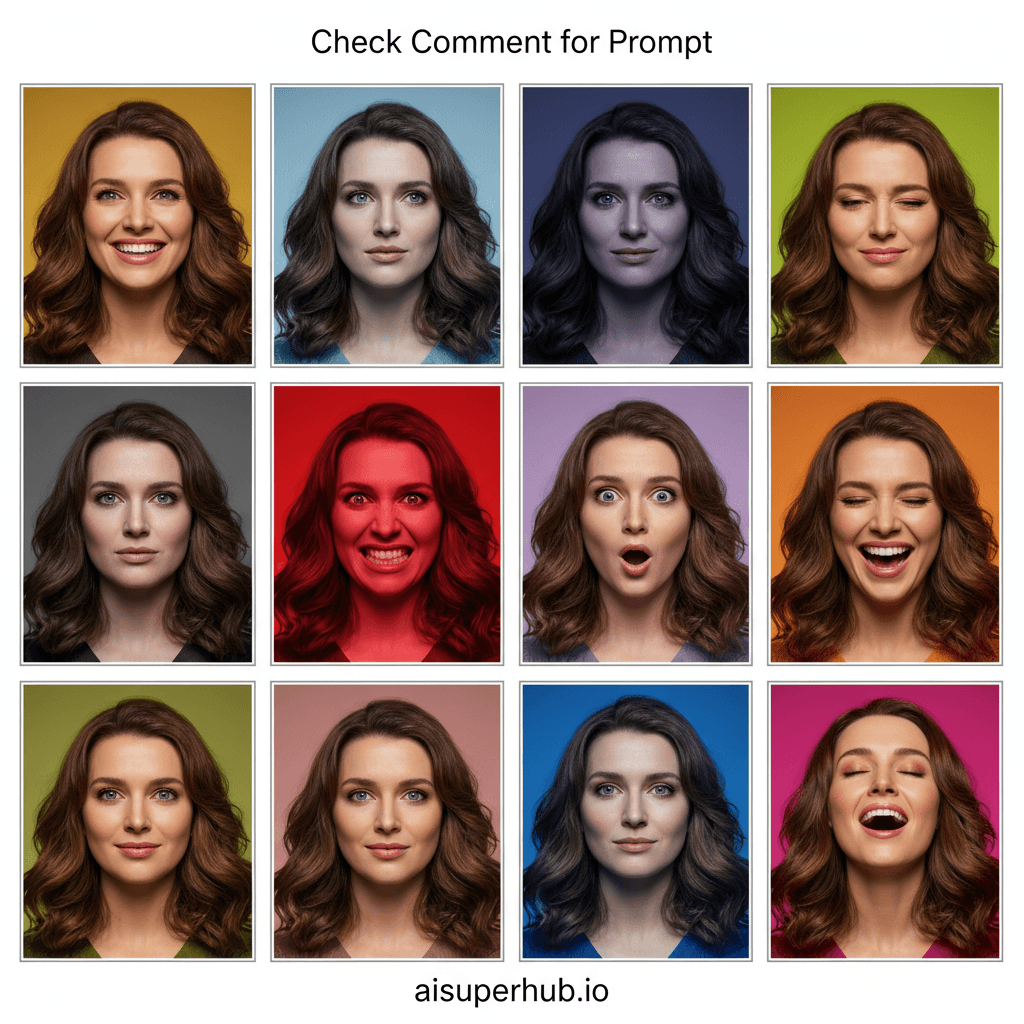 Create a hyper-realistic digital art collage depicting a spectrum of human emotion. The central subject is a clean, symmetrical grid of 12 distinct photographic portraits of the exact same individual (either a man or a woman), each capturing a unique and deeply expressive mood. These individual portrait squares meticulously portray a range of emotional states, from profound joy, serene contemplation, and intense sadness, to playful mischief, focused determination, and raw anger, highlighting the versatility of human expression.
Details to include:
* The subject's eyes in each frame must convey the specific emotion with compelling authenticity.
* Subtle changes in facial lines, mouth shape, and brow furrowing across the 12 expressions.
* Consistent hair and makeup across all 12 portraits to ensure the same individual is unmistakably recognized.
* A slight, almost imperceptible tilt or angle change in the head for each expression, adding dynamic realism.
* A thin, elegant border separating each of the 12 photographs within the collage.
Each of the 12 portraits features a minimalist, subtly textured solid color background that complements the emotion displayed in that particular frame, preventing distraction and drawing full attention to the subject's face. The overall collage has a clean, museum-like presentation, as if each frame is a meticulously curated piece of emotional study. The lighting varies subtly for each portrait, ranging from soft, diffused natural light for serene expressions to dramatic, chiaroscuro effects for intense emotions, and bright, front-lit clarity for joyful or confident expressions, with each choice amplifying the emotional impact. A sophisticated, muted yet rich color palette for the backgrounds, with lifelike skin tones and strategic warm and cool accents to enhance emotional depth. A powerful and introspective atmosphere, inviting viewers to delve into the complexity and depth of human emotional experience. Overlay text at the top: 'Check Comment for Prompt'. Overlay text at the bottom: 'aisuperhub.io'. Style: Hyper-realistic photography, high-definition digital portraiture, editorial fashion photography aesthetic, fine art montage, psychological realism, cinematic quality.
