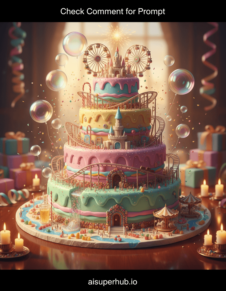 Create a hyper-realistic digital painting depicting a colossal birthday cake transforming into an entire whimsical amusement park for the Birthday parties, with an overlay text at the top 'Check Comment for Prompt' and credits at the bottom 'aisuperhub.io'. The multi-tiered cake, frosted in vibrant pastel colors, serves as the very terrain of a bustling party. Miniature roller coasters made of candy canes loop around its layers, while tiny Ferris wheels constructed from lollipops spin on the topmost tier. Guests, no bigger than sprinkles, navigate paths paved with gummy bears and streams flowing with sparkling juice. Details to include: A miniature castle made of stacked sugar cubes, a working carousel with gingerbread horses, balloons made of iridescent soap bubbles floating above, confetti rain sparkling over the fondant mountains, and a tiny fireworks display made of sparklers on the highest peak. The cake-park rests on a pristine, polished mahogany table, reflecting the warm glow of nearby candles, hinting at a larger celebration beyond the frame. The background is softly blurred, focusing all attention on the intricate details of the sugary landscape, with hints of celebratory streamers and wrapped presents just out of focus. Golden hour lighting bathes the scene, casting long, playful shadows and highlighting the edible textures. The light is warm and inviting, evoking a sense of childlike wonder and joyful enchantment. A vibrant and sugary palette of pastel pinks, baby blues, lemon yellows, mint greens, and iridescent purples, contrasted with deep chocolate browns and cream whites. Whimsical, joyful, and utterly magical. Hyperrealism, fantasy art, miniature photography, trompe l'oeil, high detail, volumetric lighting, dreamlike, vibrant.