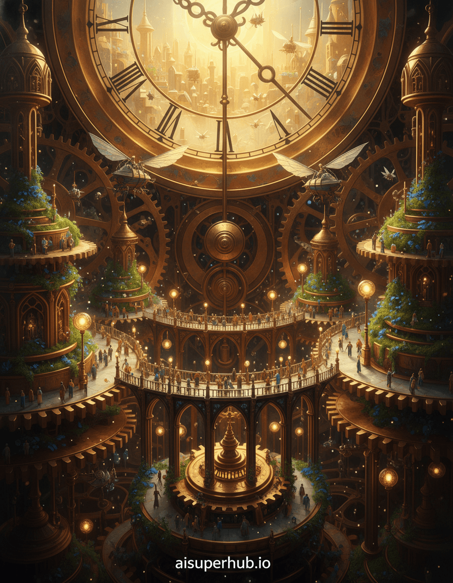 Create a hyper-realistic photorealistic digital painting depicting a serene, vibrant city thriving within the intricate gears of an impossibly large, ancient grandfather clock for the Editorial style portraits. This miniature metropolis buzzes with harmonious life, its tiny inhabitants gracefully navigating the polished brass cogs, delicate springs, and winding pathways. Golden sunlight streams through the colossal clock's glass face, illuminating every hidden corner and revealing the bustling activity within this fantastical mechanical world. Details to include: Tiny arched bridges gracefully connecting rotating gears, miniature airships with delicate wings navigating the spaces between slow-swinging pendulums, glowing orbs of warm light acting as streetlamps along intricate spiral pathways, vibrant moss and delicate flora meticulously growing on the static metallic components, and shimmering reflections of the city's lights dancing on the highly polished metallic surfaces. The environment recedes into a vast, dark, velvety void, emphasizing the immense scale of the colossal clock's interior. Subtle motes of dust catch the light, dancing gently and highlighting the forgotten, hidden nature of this extraordinary world. The ornate, richly textured outer casing of the ancient clock is barely perceptible at the extreme edges, hinting at its forgotten craftsmanship and monumental presence. Soft, ethereal golden hour lighting streams majestically from above, casting long, dramatic shadows and illuminating warm, inviting highlights that evoke a profound sense of wonder, delicate tranquility, and thrilling discovery. The color palette is dominated by rich, burnished brass and gleaming copper tones, contrasted with vibrant emerald greens from the delicate flora, shimmering sapphire blues in small water features, and soft, radiant golden light, all punctuated by touches of iridescent silver. The mood is a breathtaking blend of steampunk fantasy and natural serenity, inviting profound awe and silent contemplation. Masterpiece, intricately detailed, macro photography aesthetic, photorealistic rendering, volumetric lighting, surrealism, fantasy art, digital painting, ultra-high definition, award-winning, overlay text at the bottom: 'aisuperhub.io'