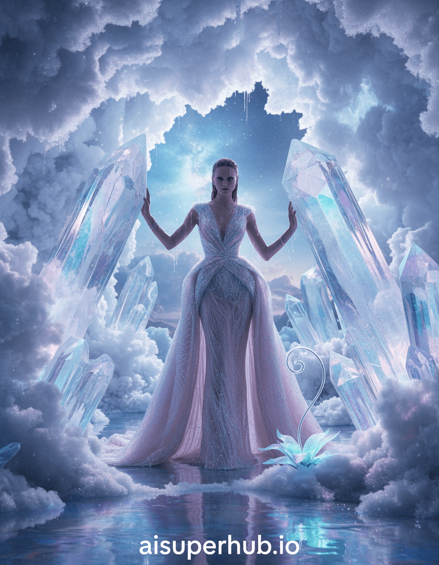 Create a hyper-realistic fashion editorial photograph depicting a supermodel emerging from a fantastical crystal cave sculpted entirely from frozen clouds for the Outfit photoshoot. The supermodel, adorned in an avant-garde, flowing gown made of iridescent fabric, gracefully steps forward, her silhouette framed by towering, translucent cloud-crystals. Her expression is ethereal and confident, captivating the viewer as she commands the otherworldly environment. Details to include: Gown with subtle bioluminescent threads woven into its fabric; Crystals exhibiting intricate fractal patterns and gentle internal light sources; Water droplets on the model's skin and hair, reflecting the environment; A single, delicate, glowing flora growing at the base of a crystal; The model's hands gently brushing against a cloud-crystal surface, leaving a faint shimmer. The cave walls are composed of colossal, crystalline formations resembling frozen cumulus clouds, each emitting a soft, diffused glow. The ground is a mirror-like surface of still, shallow, iridescent water, reflecting the crystal formations and the model's form. In the deeper background, hints of a cosmic twilight sky with distant nebulae can be glimpsed through a cavern opening, adding to the surreal grandeur. Soft, ethereal backlighting emanates from within the cloud-crystals, casting long, dramatic shadows and highlighting the gown's intricate details. A gentle, cool blue and lavender glow permeates the scene, creating a sense of wonder and serenity, yet with a powerful, almost divine radiance. Color palette: Predominantly cool tones: iridescent blues, lavenders, pale silvers, and frosty whites, accented by subtle hints of magenta and aquamarine in the bioluminescent elements. Mood/atmosphere: Mystical, awe-inspiring, and elegantly surreal, evoking a sense of powerful tranquility. Style summary: Hyper-realistic, high fashion photography, editorial, ethereal, dreamlike, cinematic, fantasy, subtle glow. Overlay text at the bottom: 'aisuperhub.io'