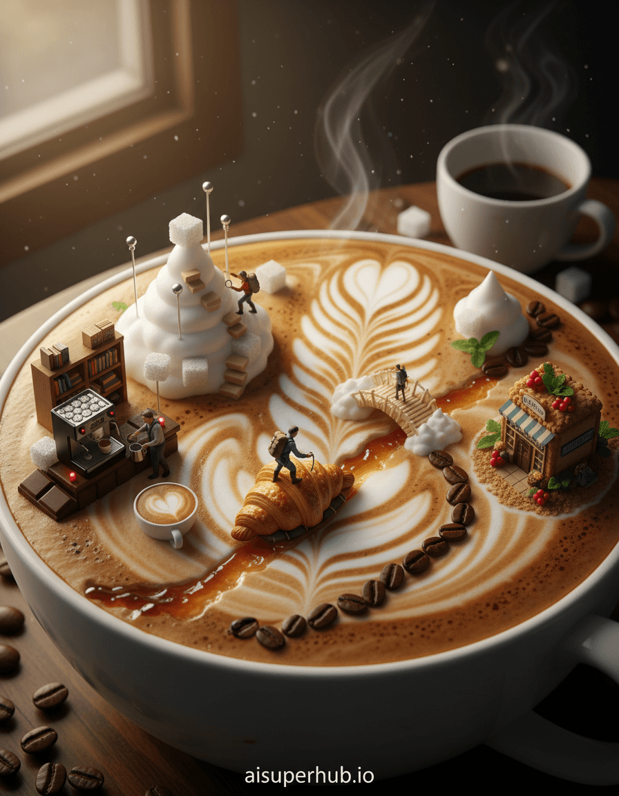 Create a hyper-realistic diorama depicting an intricate 'Cafe Hopping' journey. This intricate scene unfolds across a giant, steaming latte art canvas, where miniature figures navigate a whimsical landscape of coffee shop elements. A tiny adventurer uses a croissant as a raft on a caramel river, another scales towering frothed cappuccinos. Details to include: A tiny espresso machine from sugar cubes, a bookshelf of layered biscotti, a micro-barista pouring latte, a bridge from coffee filters, and a path of coffee beans to a shortbread bakery. The 'latte art' canvas itself forms a swirling, creamy backdrop of intricate designs - hearts, rosettas, and tulips - integrating into the miniature landscape. The edge of a polished wooden cafe table is visible, adorned with a ceramic cup, scattered roasted coffee beans, and a ray of morning sunlight illuminating dust motes. Soft, warm, golden hour lighting filters from an unseen window, casting dramatic shadows and highlighting textures, creating a cozy, inviting, yet adventurous ambiance. Rich browns, creamy whites, golden pastry hues, subtle greens, and vibrant berry reds, all with a warm, inviting glow. A sense of playful wonder and cozy adventure, inviting viewers to get lost in its tiny details. Hyperrealistic macro photography, fantastical diorama, intricate miniature art, whimsical surrealism, detailed food photography, anamorphic illusion. Overlay text 'aisuperhub.io' at the bottom.