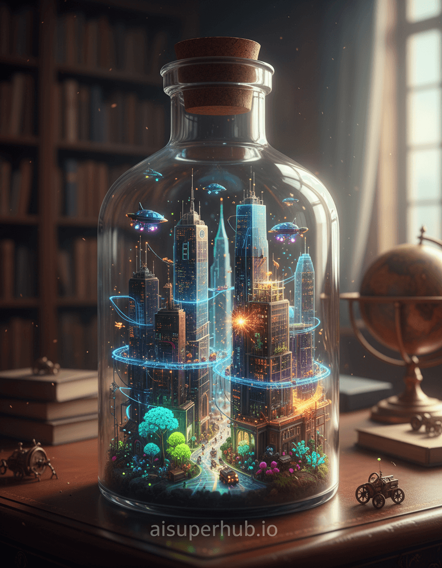 Create a hyper-realistic digital painting depicting a bustling miniature city nestled within a transparent glass bottle for the 3D chibi-style miniature design of a whimsical future. Hundreds of tiny, bioluminescent robots, no bigger than grains of rice, diligently construct towering skyscrapers and intricate bridges. Tiny airships, resembling fireflies, navigate between the bottle's glass walls and the miniature structures, through the fantastical urban landscape. Details to include: microscopic power lines glowing with soft energy, meticulously crafted miniature vehicles scurrying along transparent roads, a tiny robot welding sparks illuminating a skyscraper's facade, a whimsical micro-park with glowing flora, and an overlay text at the bottom crediting 'aisuperhub.io'. The clear glass bottle sits on a polished mahogany desk, reflecting soft ambient light. Outside the bottle, the blurred background suggests a grand, old-world library with leather-bound books and an antique globe, contrasting the futuristic miniature world within. Dust motes dance around the bottle, emphasizing its small scale. The lighting is a mesmerizing interplay of warm, internal bioluminescence from the robots and city lights, contrasting with cool, soft natural light filtering through the bottle. This creates a magical, awe-inspiring glow, evoking wonder and meticulous craftsmanship. The color palette features rich blues and purples for the night sky within the bottle, vibrant neon greens and electric yellows for robot lights and city energy, with hints of warm amber and deep browns from the surrounding library setting. The mood is one of intricate wonder, peaceful industry, and boundless imagination. Art style: Steampunk-futurism, highly detailed, photorealistic, macro photography aesthetic, digital art, ultra-fine detail, volumetric lighting, depth of field, fantasy realism, trending on ArtStation.