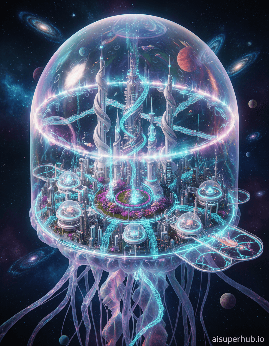 Create a hyper-realistic digital painting depicting a bustling futuristic city for the hyper-realistic isometric 3D render of a miniature metropolis encapsulated within the translucent bell of a colossal, bioluminescent jellyfish, adrift in a cosmic ocean. The city pulses with iridescent light; spiraling towers and sky-bridges cling to the jellyfish's inner membrane. Sleek vehicles navigate glowing arterial paths, inhabitants visible through semi-transparent walls of this impossible, living habitat. Details to include: intricate glowing data streams like rivers; a central holographic park with alien flora; observation decks into the gelatinous void; transparent dome neighborhoods; and energy conduits powering the city. The immense jellyfish drifts through a star-dusted cosmic ocean, its tendrils like nebulae. Distant galaxies glimmer, while closer celestial bodies illuminate its outer surface, creating dynamic light patterns filtering into the inner city. Soft internal bioluminescence from the jellyfish casts an ethereal, dreamy glow, complemented by vibrant, multicolored artificial city lights. This creates focused brilliance and contemplative shadows, evoking awe, wonder, and serene optimism. Palette dominated by deep cosmic blues, purples, iridescent greens, glowing teals, and vibrant fuchsia. Touches of silver/white for structures, soft ethereal pinks/oranges from internal organs. An atmosphere of impossible tranquility and advanced utopian existence pervades this otherworldly habitat. Hyper-realistic, photorealistic, cinematic, sci-fi art, visionary, intricate detail, octane render, unreal engine 5, 8k, award-winning photography, high contrast, sharp focus, volumetric lighting, overlay text: 'aisuperhub.io'.