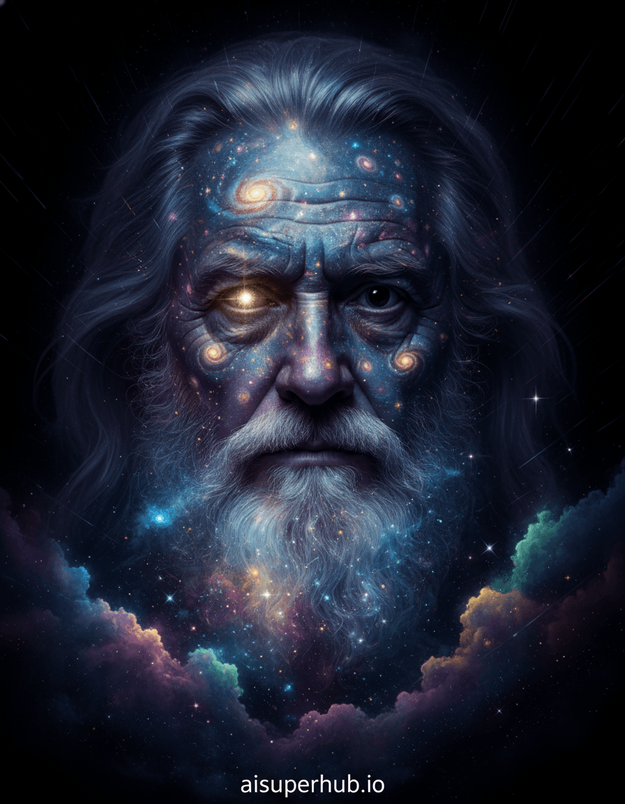 Create a hyper-realistic cinematic photograph depicting a man whose face is a living tapestry of the cosmos for the Creative portraits men. This stoic man's features are sculpted from swirling nebulae and distant galaxies; one eye pulses like a miniature supernova, the other a serene black hole, yet his expression remains recognizably human and profoundly wise. Details to include: Tiny constellations sparkling within lines of his aged skin. A faint auroral glow outlining his jawline. A luminous nebula cloud forming his beard and hair. An expression conveying immense ancient knowledge. Subtle, glittering cosmic dust motes catching light. The background is an infinite, velvety void, pierced by faint streaks of starlight emanating from the man himself. This ethereal expanse emphasizes his cosmic presence and solitude. Soft, deep space bioluminescence illuminates him from within, casting gentle, multi-hued glows of purples, blues, and hints of gold. This lighting should evoke awe, profound mystery, and sublime, tranquil introspection. The color palette features deep indigos, celestial blues, cosmic purples, stardust golds, and iridescent greens, anchored by rich, velvety blacks. The atmosphere is one of breathtaking cosmic grandeur and serene, existential introspection. Surreal portraiture, astronomical hyperrealism, celestial artistry, ethereal photorealism, epic sci-fi concept art, with an overlay text at the bottom 'aisuperhub.io'.
